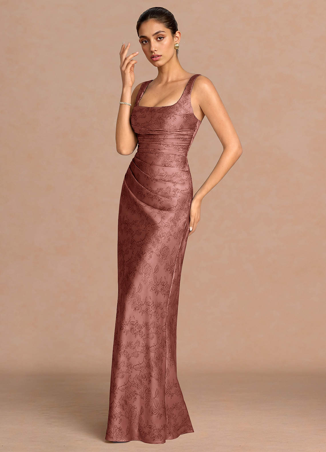 Agustina Square-Neck Pleated Jacquard Evening Dress in Vintage Rose