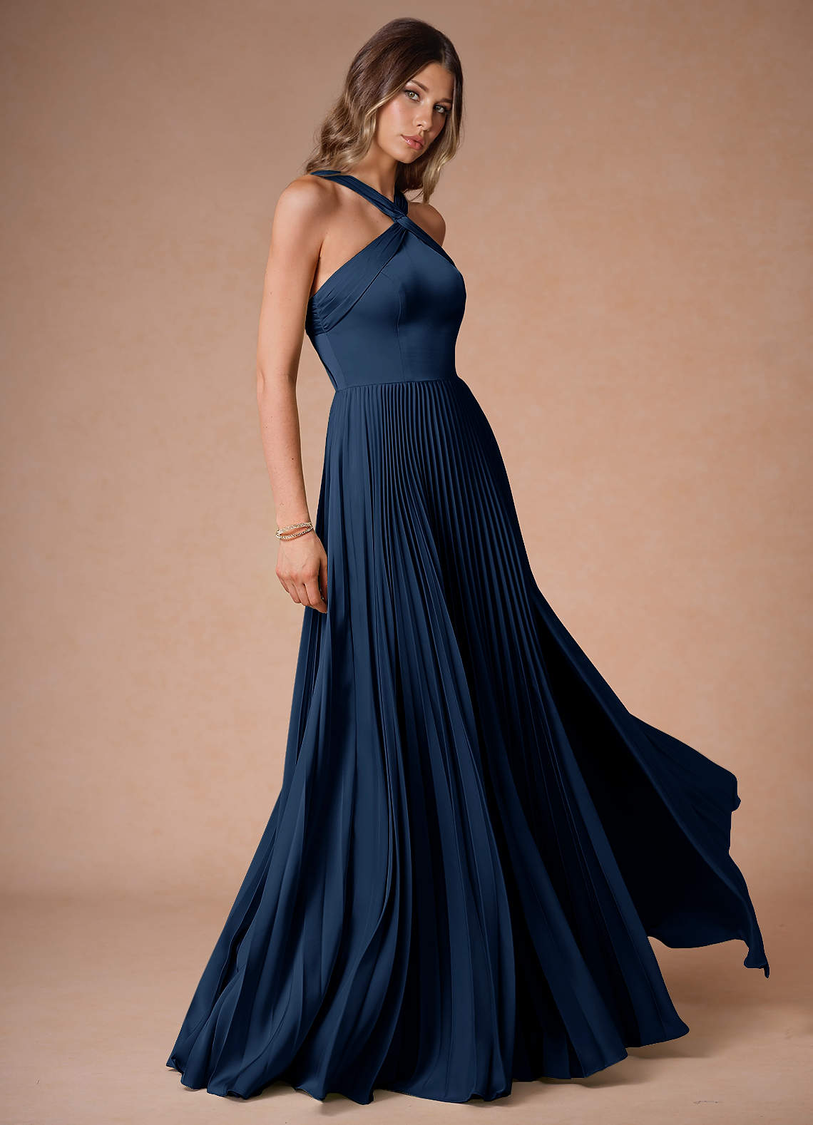Afra A-Line Pleated Stretch Satin Wedding Guest Dress in Navy