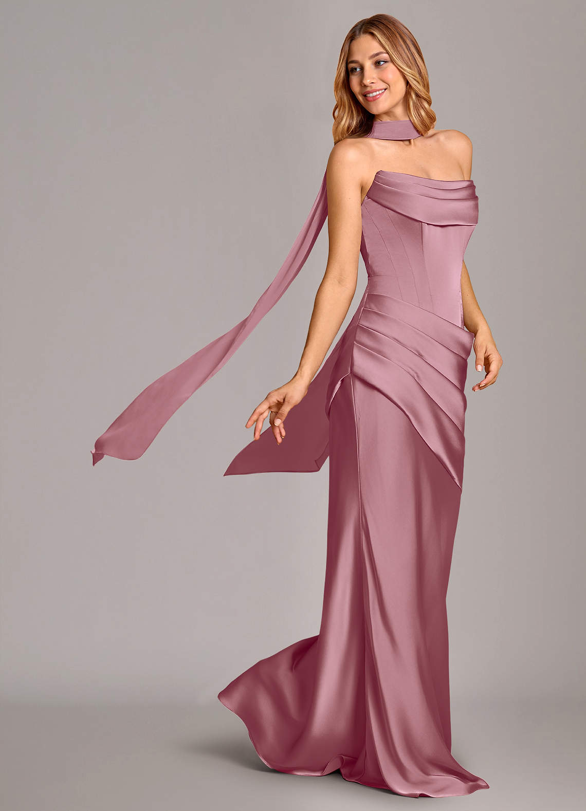 Pelagia Mermaid Cowl-Neck Stretch Satin Bridesmaid Dress in Vintage Mauve