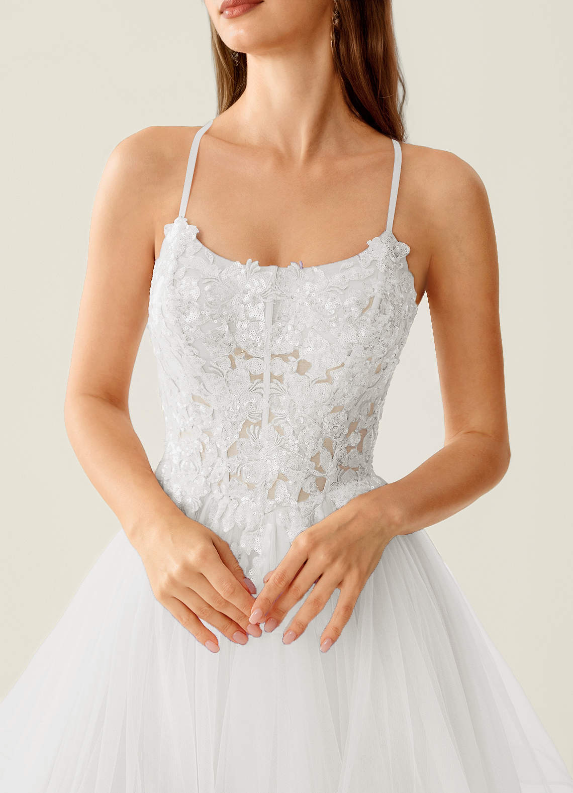 Mosaic A-Line V-Neck Tulle Evening Dress in white