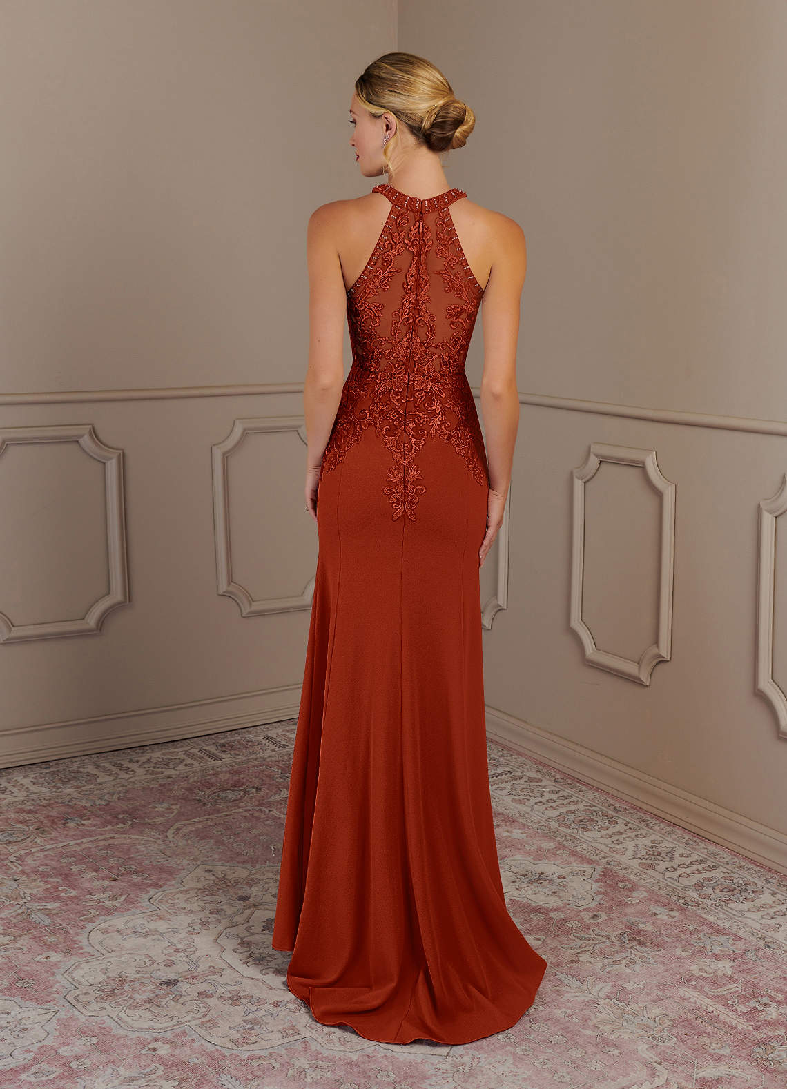 Tyra Mermaid Halter Tulle and Stretch Crepe Mother of the Bride Dress in Rust