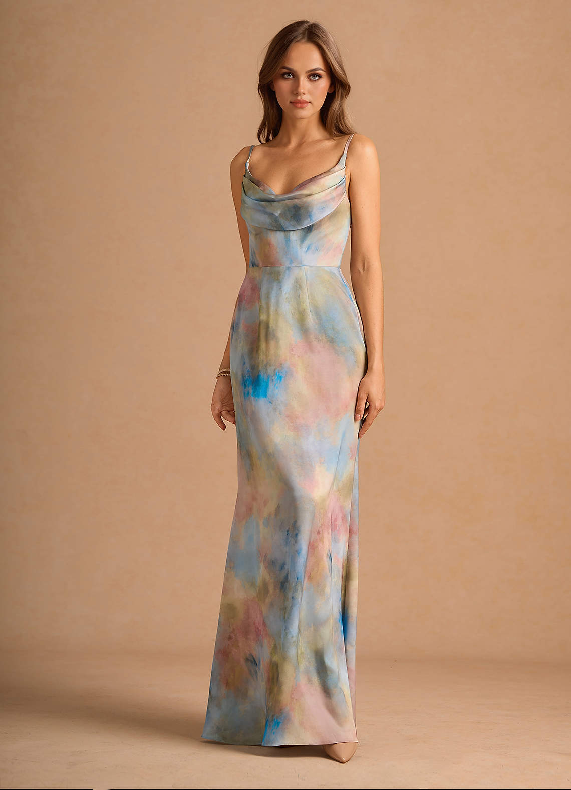 Aimee Cowl-Neck Spaghetti-Strap Floral Jacquard Wedding Guest Dress in Watercolor