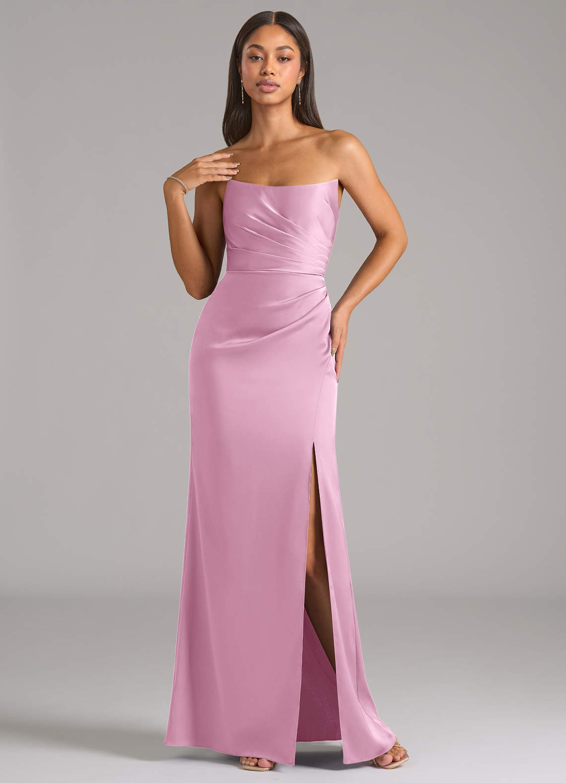 Marla Sheath Strapless Stretch Satin Bridesmaid Dress in candy pink