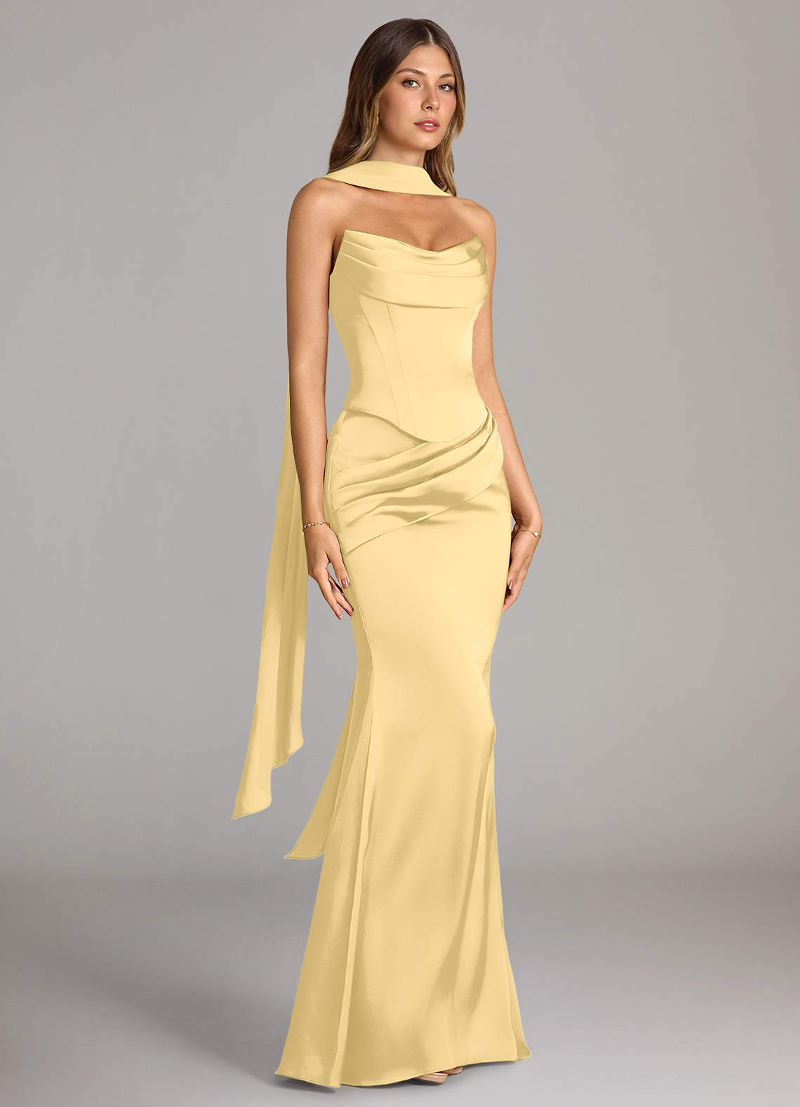 Sorrel Mermaid Cowl-Neck Stretch Satin and Chiffon Bridesmaid Dress in Butter