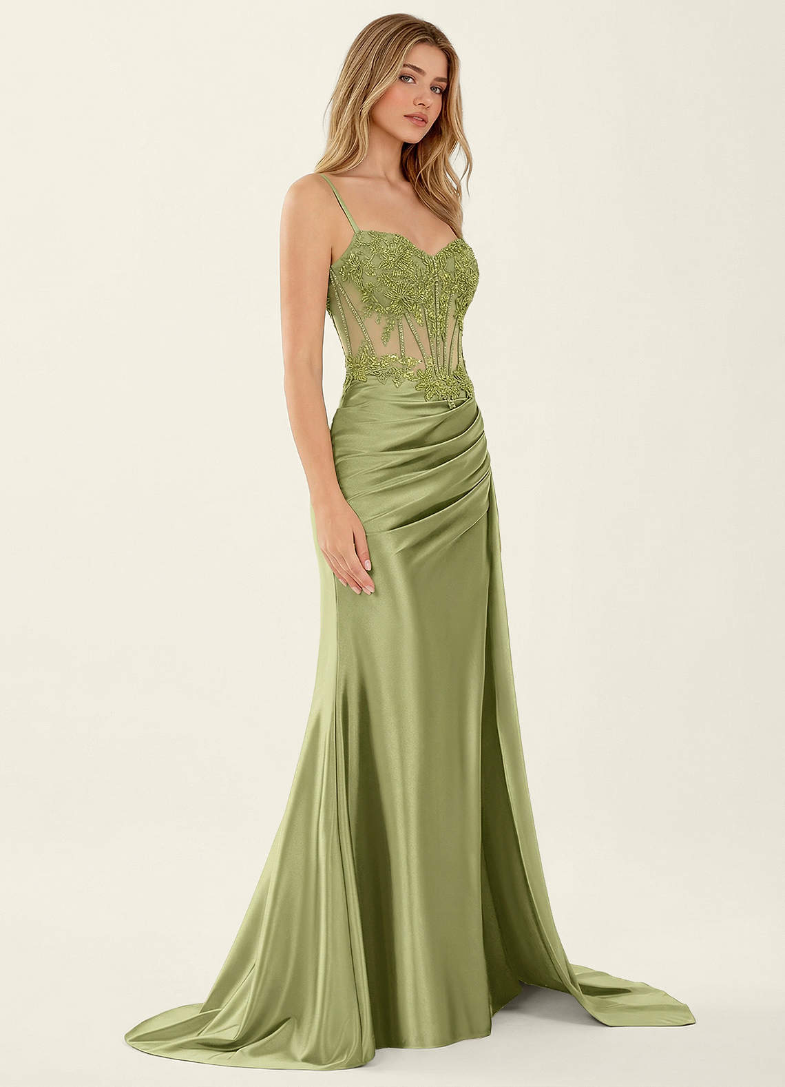 Celestianora Mermaid Beaded Stretch Satin Evening Dress in green