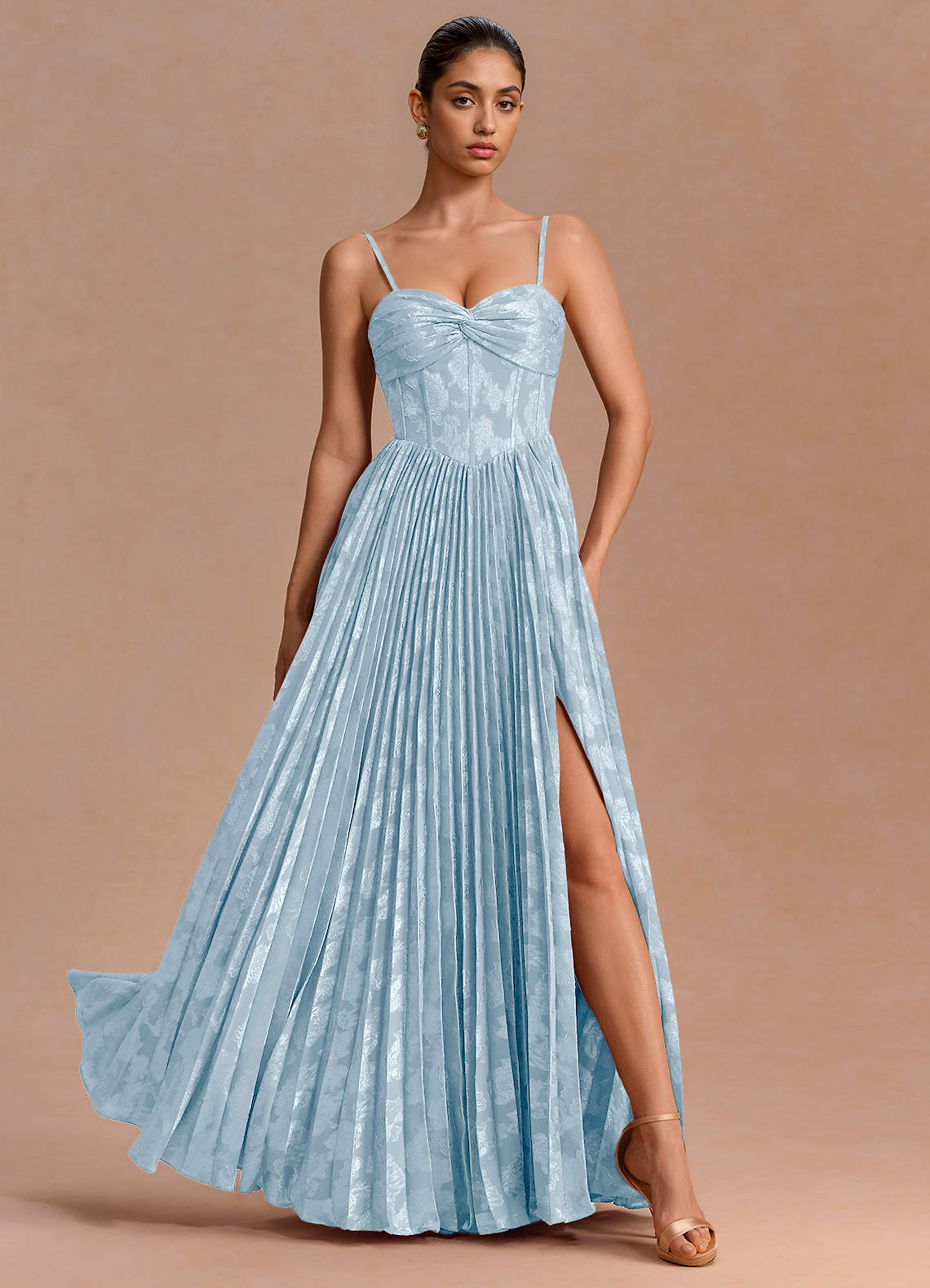 Delfina A-Line Twisted-Bust Fil Coupé Evening Dress in Powder Blue