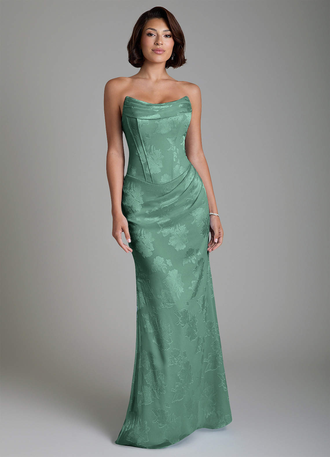 Ariah Mermaid Cowl-Neck Jacquard Bridesmaid Dress in Eucalyptus
