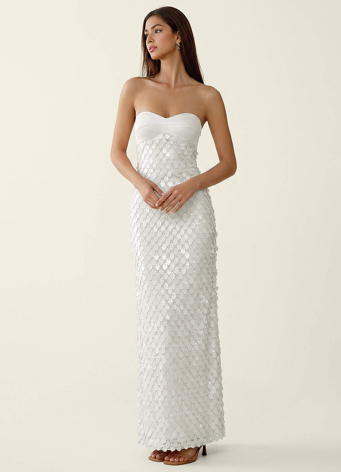 Mentino Strapless 3D Floral Lace Prom Dress in White