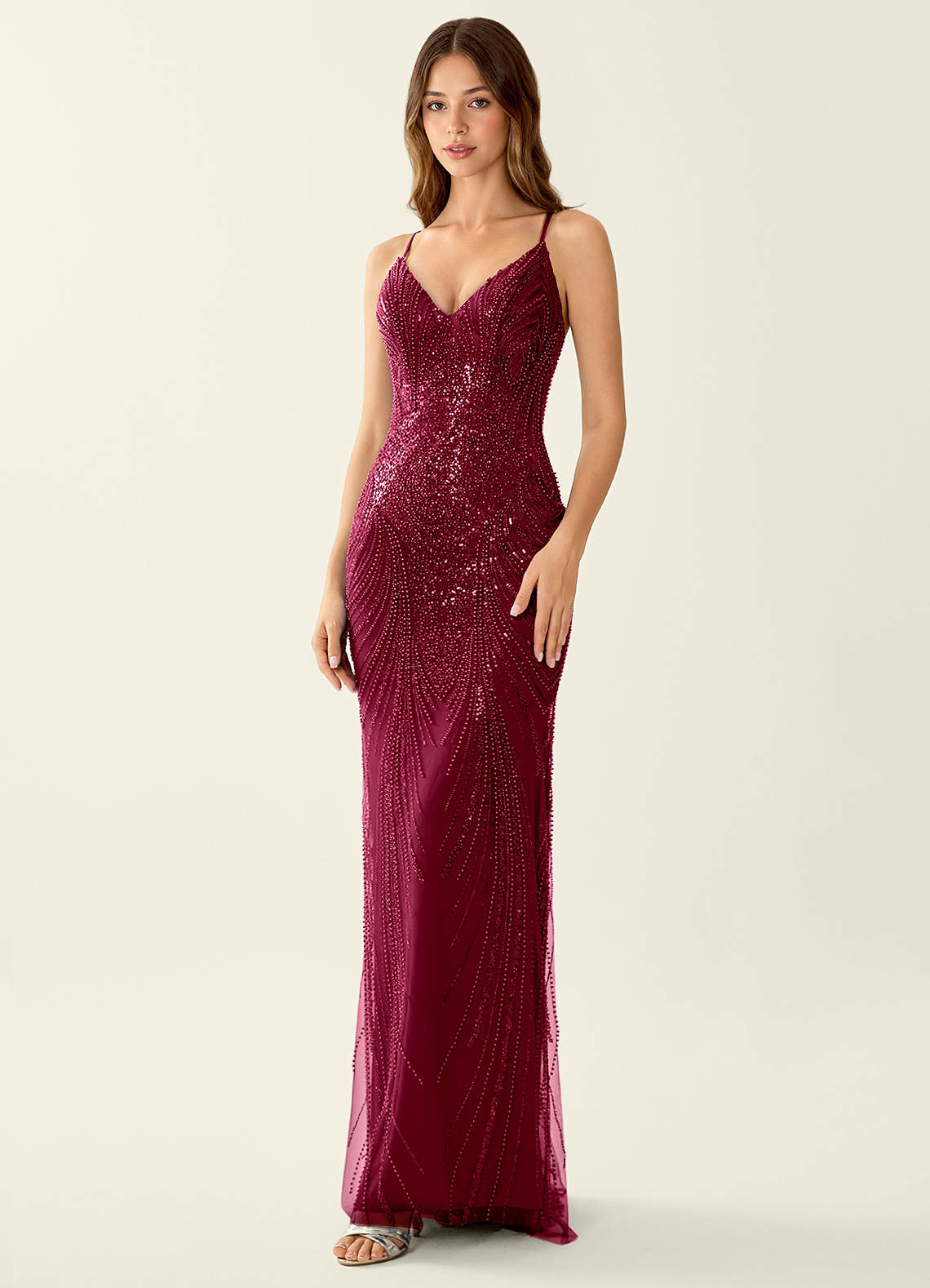 Magnolia Mermaid Beaded Sequined Stretch Mesh Evening Dress in Burgundy