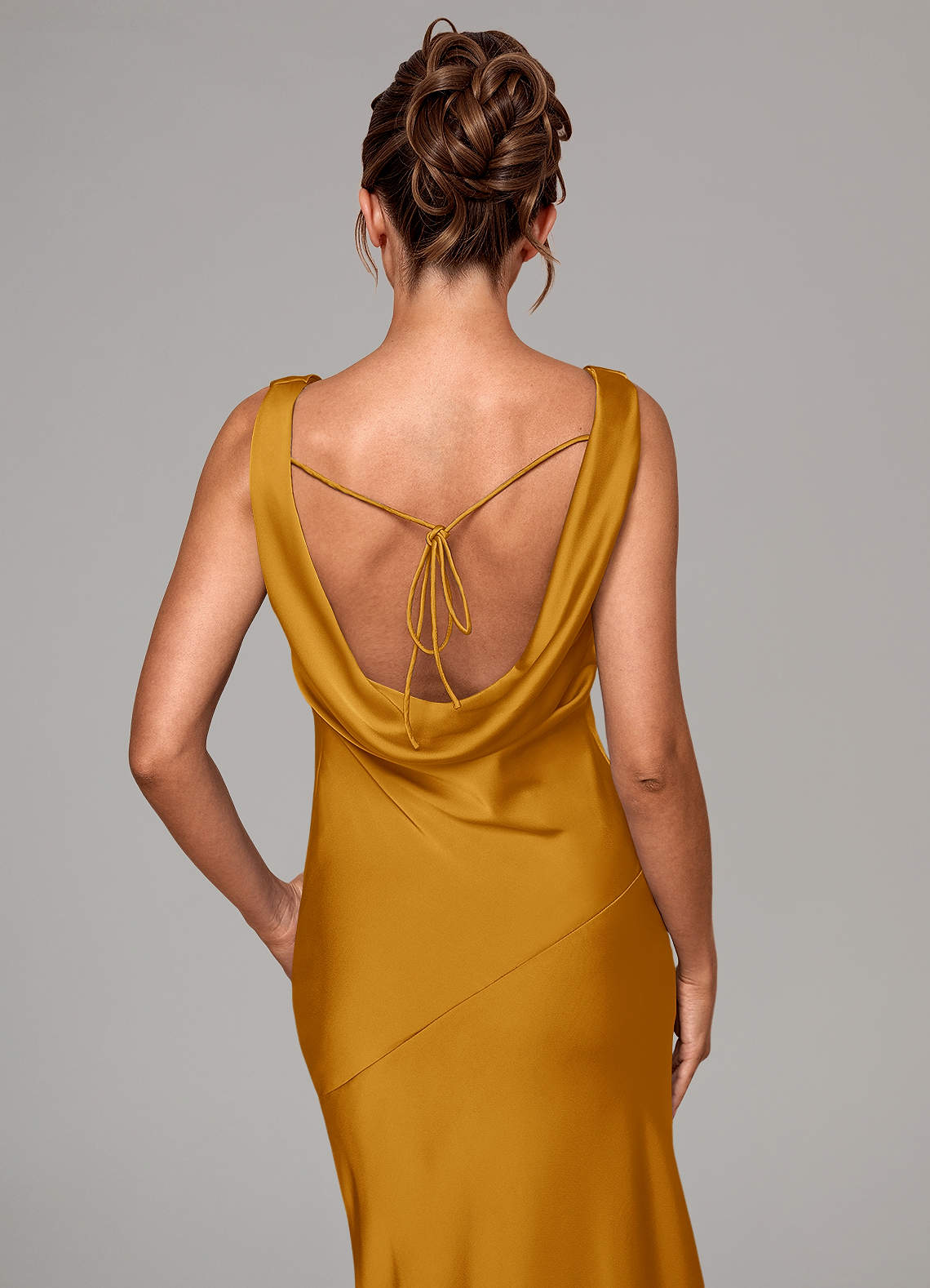 Rylina Mermaid Cowl-Neck Stretch Satin Bridesmaid Dress in butterscotch