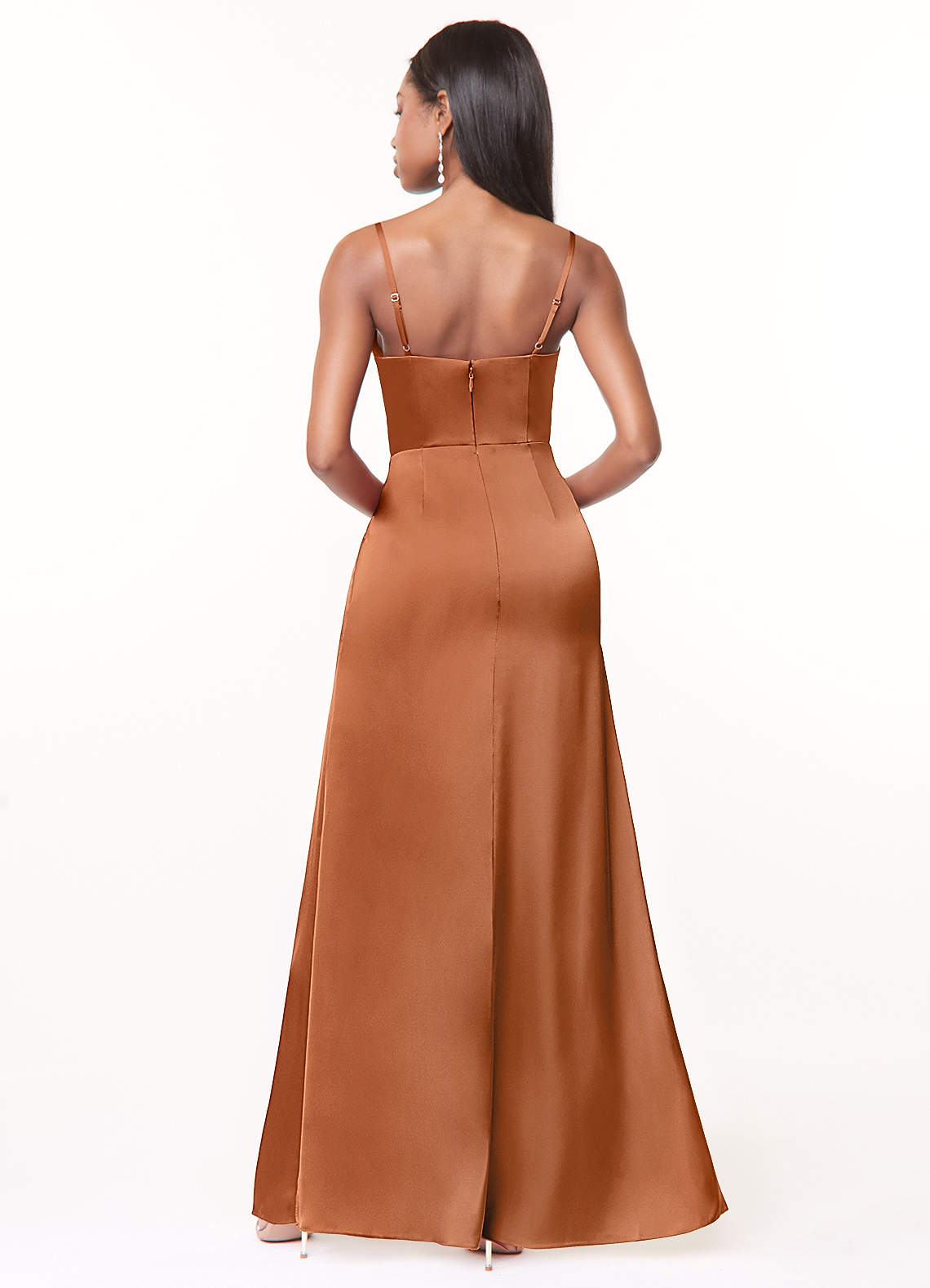 Maci A-Line V-Neck Stretch Satin Bridesmaid Dress in Copper