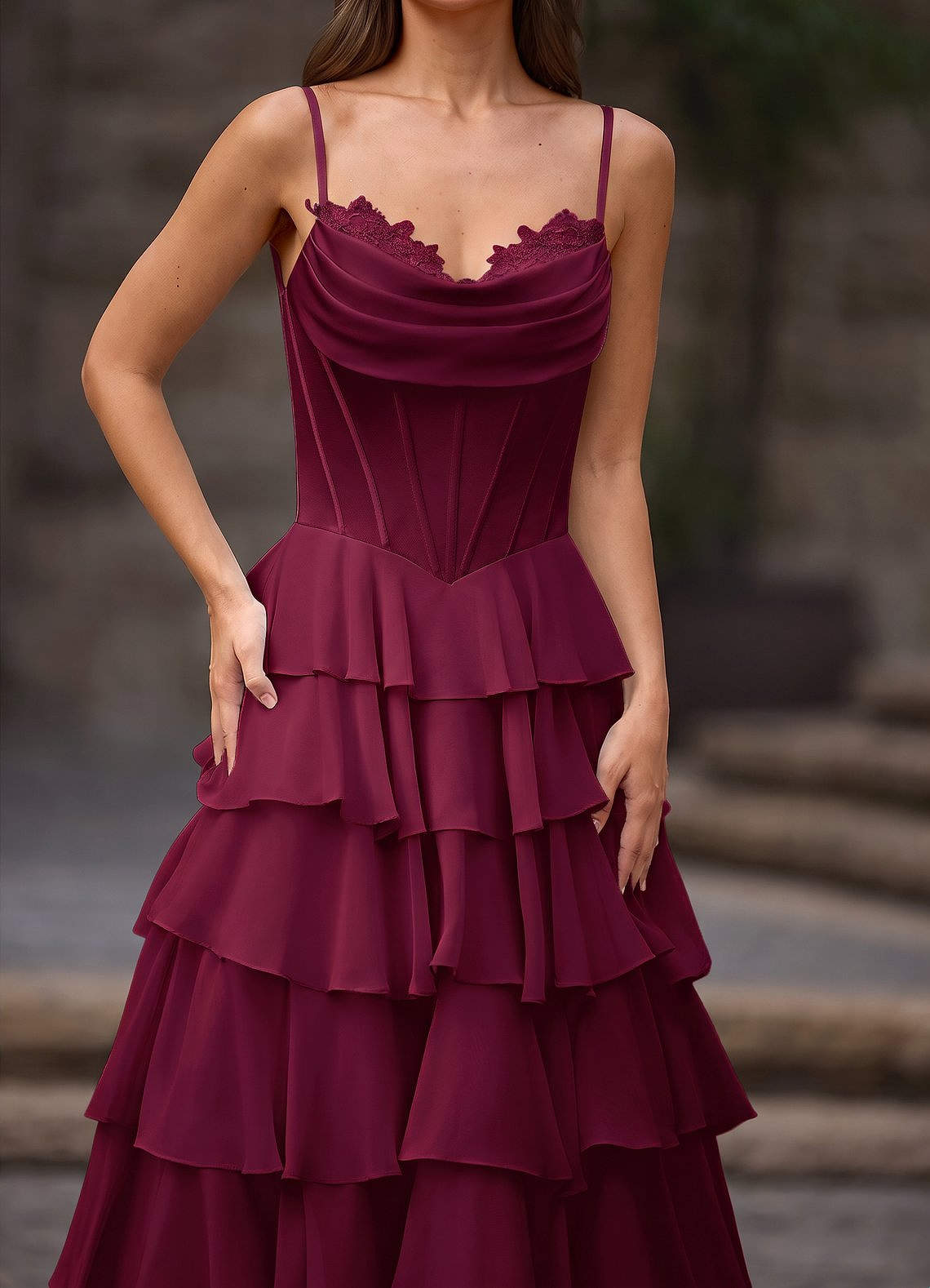Floralace A-Line Ruffle Chiffon Evening Dress in Merlot