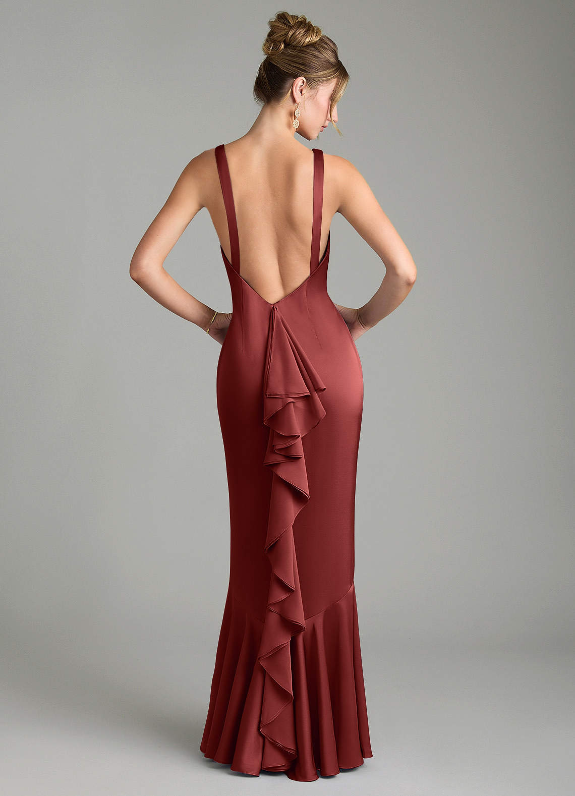 Tamera Mermaid Boat-Neck Stretch Satin and Chiffon Bridesmaid Dress in Terracotta