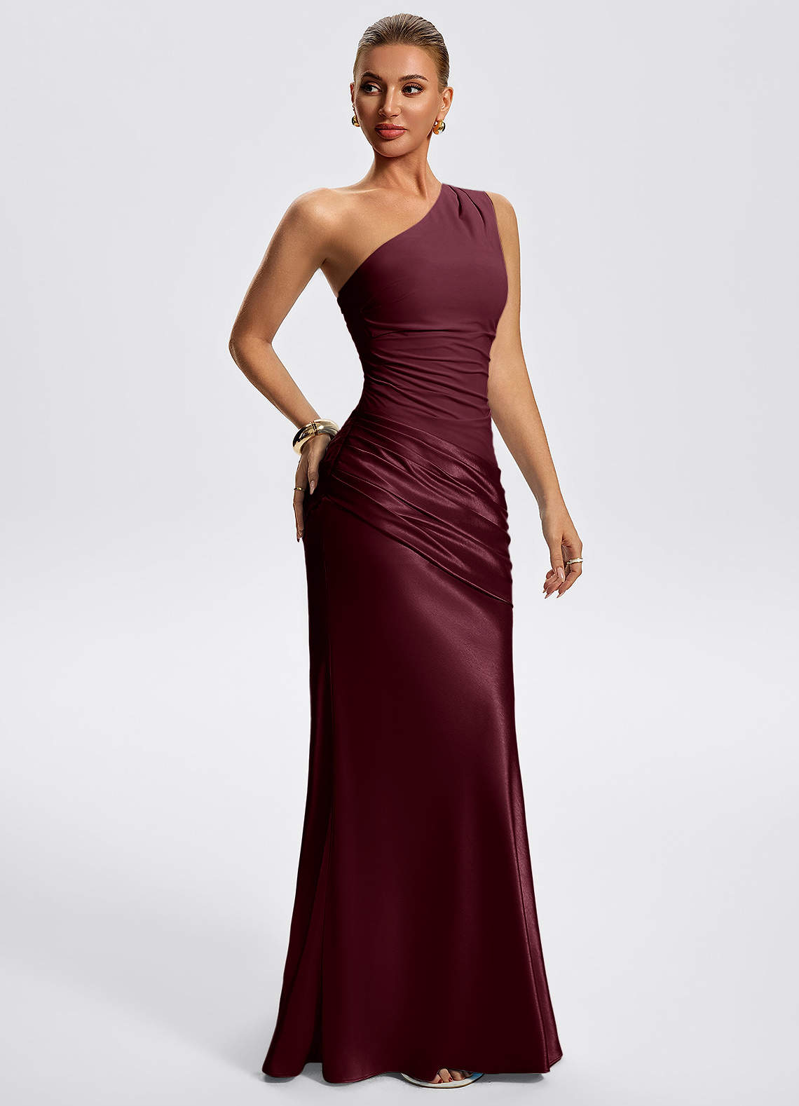 Willowyn Mermaid One-Shoulder Satin Evening Dress in Cabernet