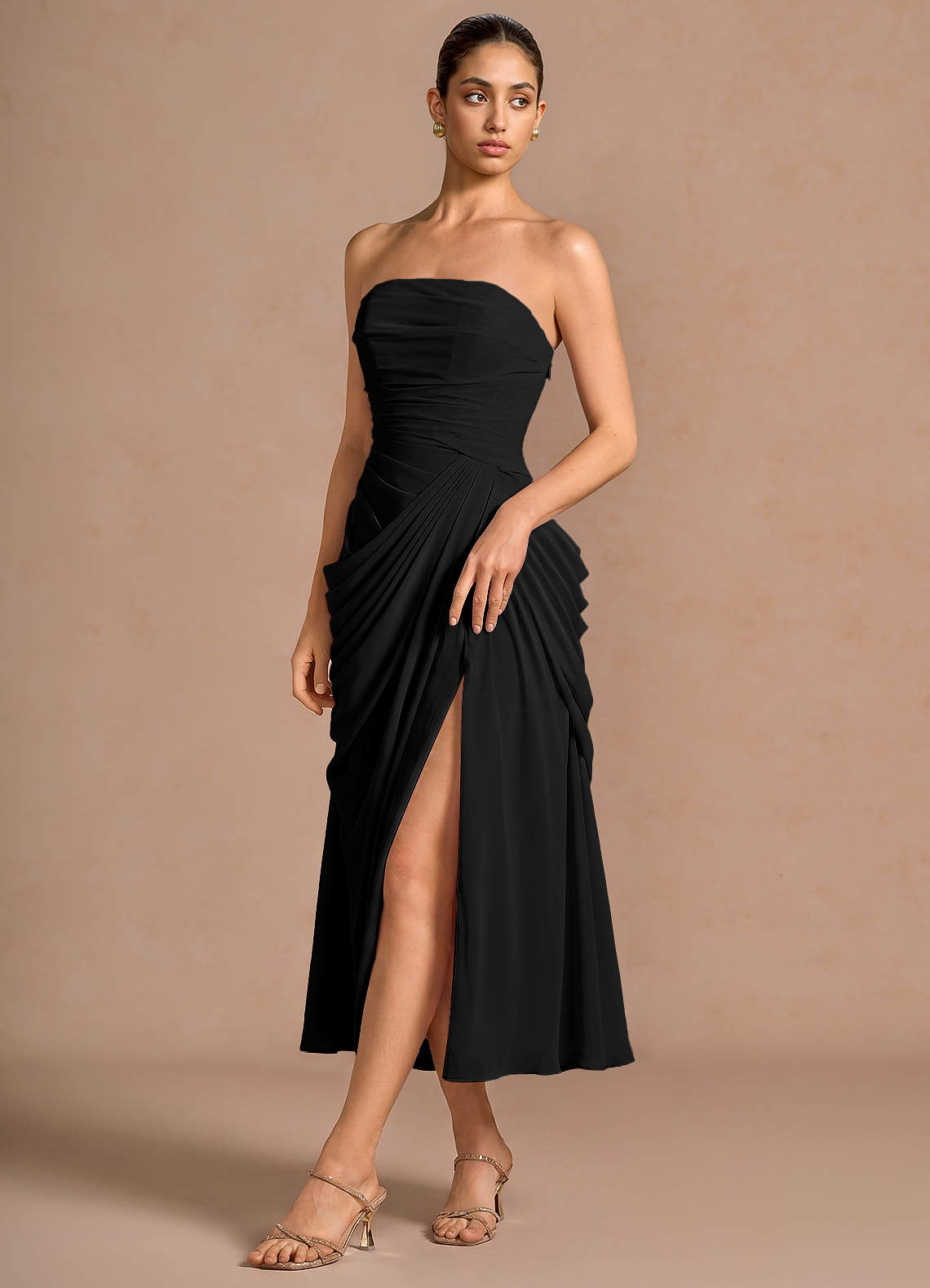 Kaavia Column Pleated Chiffon Midi Evening Dress in black