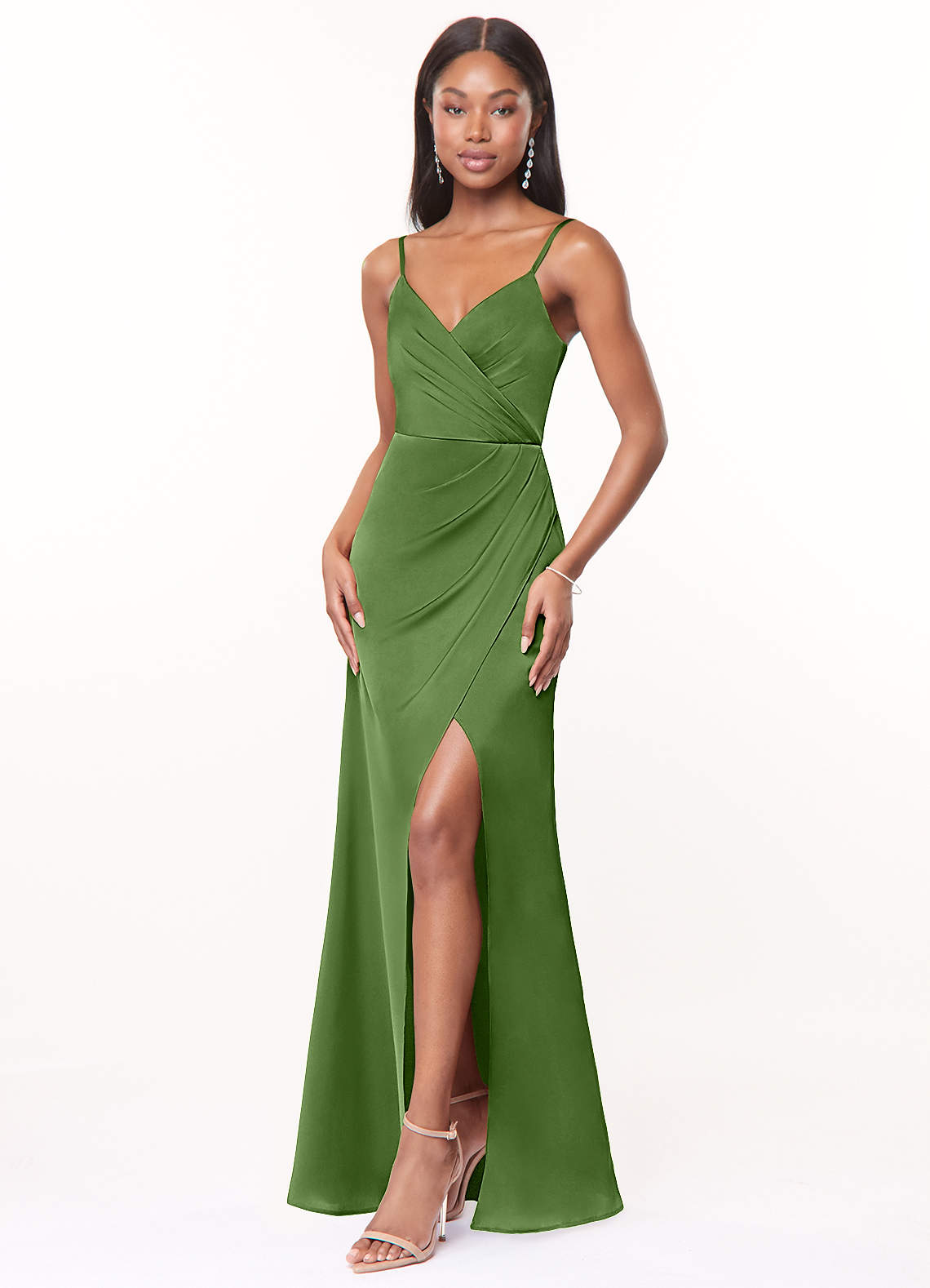 Maci A-Line V-Neck Stretch Satin Bridesmaid Dress in Basil