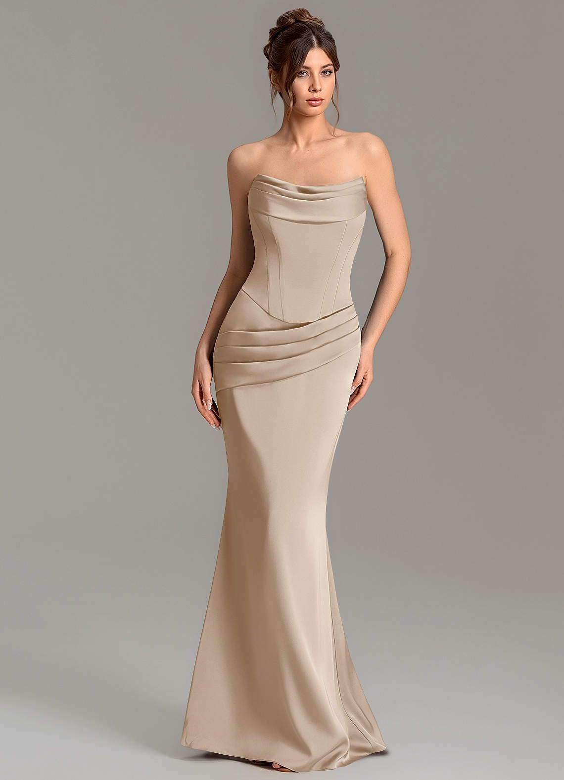 Adrienne Mermaid Cowl-Neck Stretch Satin Bridesmaid Dress in Taupe