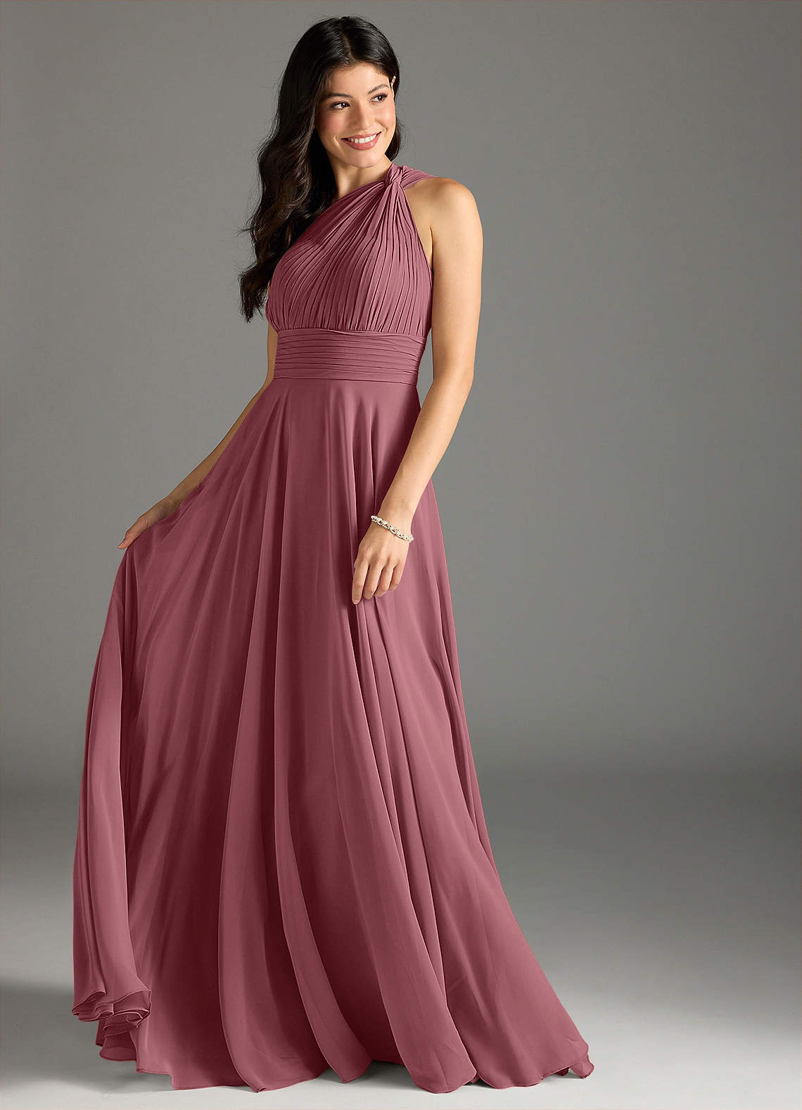 Charlize A-Line One-Shoulder Chiffon Bridesmaid Dress in Desert Rose