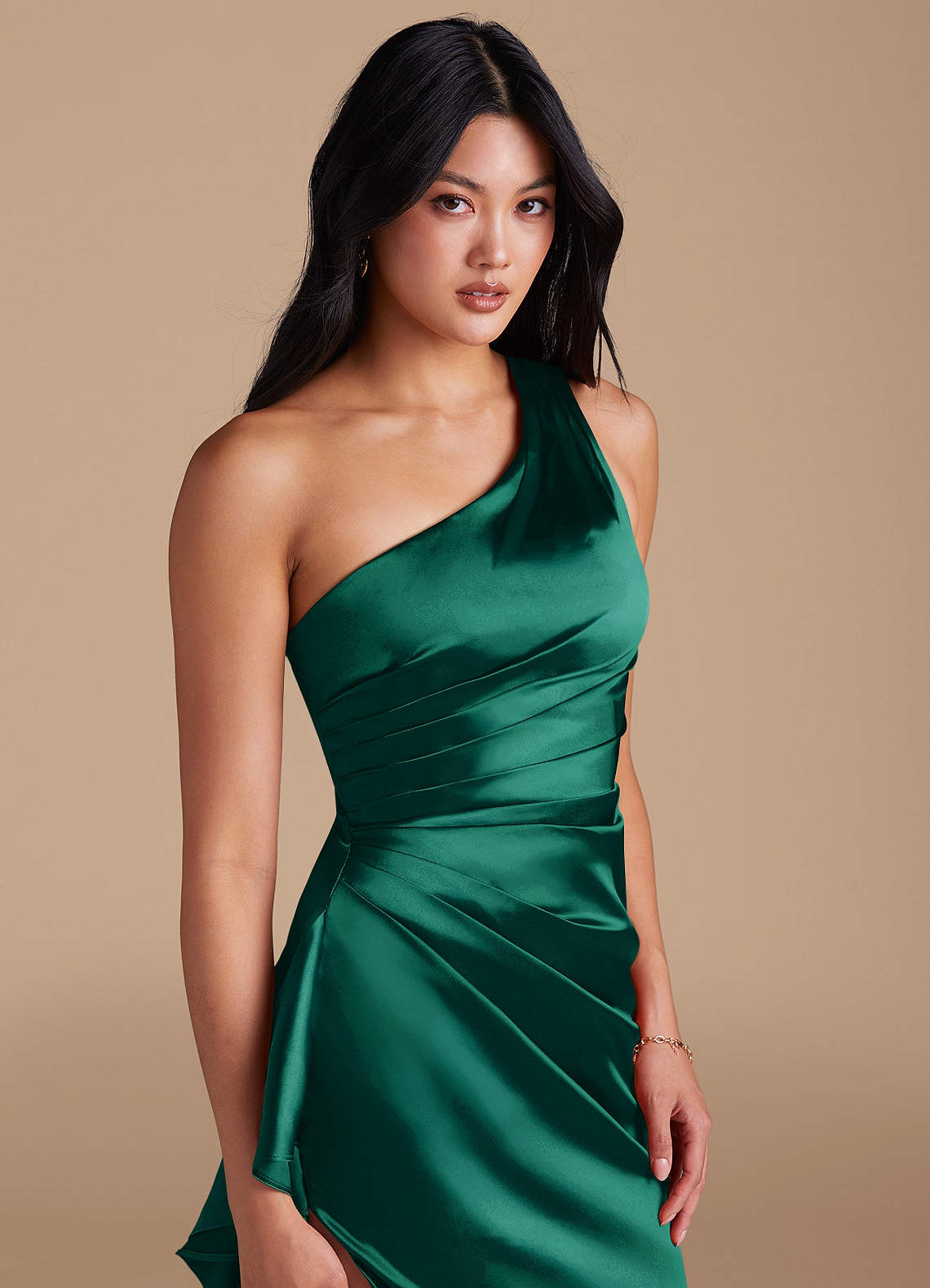 Latrice Sheath One-Shoulder Metallic Satin Bridesmaid Dress in Emerald