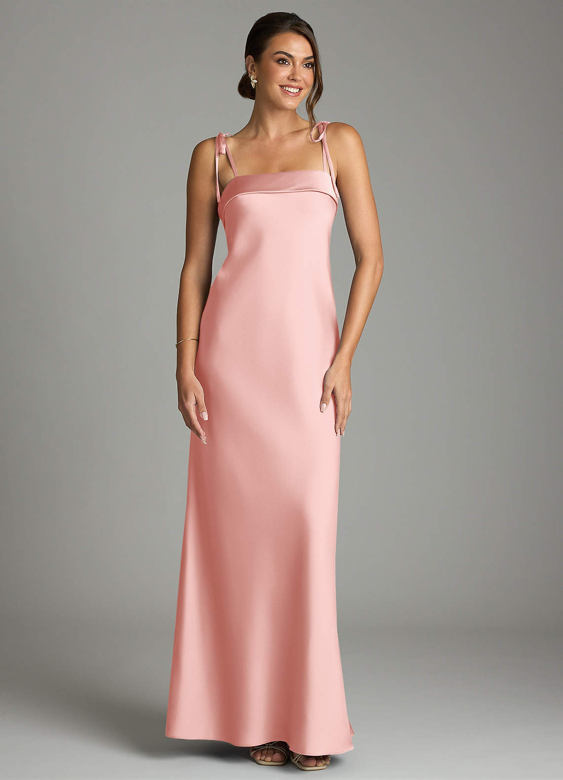 Ellia Sheath Straight-Neck Stretch Satin Bridesmaid Dress in Powder Pink