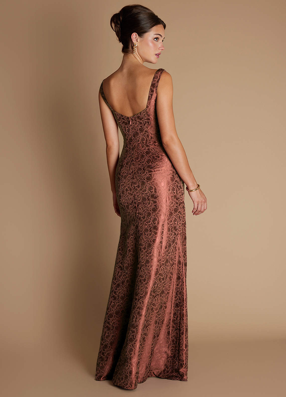 Kiana Mermaid Scoop-Neck Jacquard Wedding Guest Dress in Brick Red