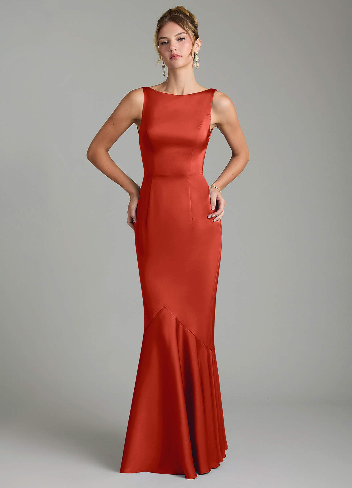 Tamera Mermaid Boat-Neck Stretch Satin and Chiffon Bridesmaid Dress in Rust