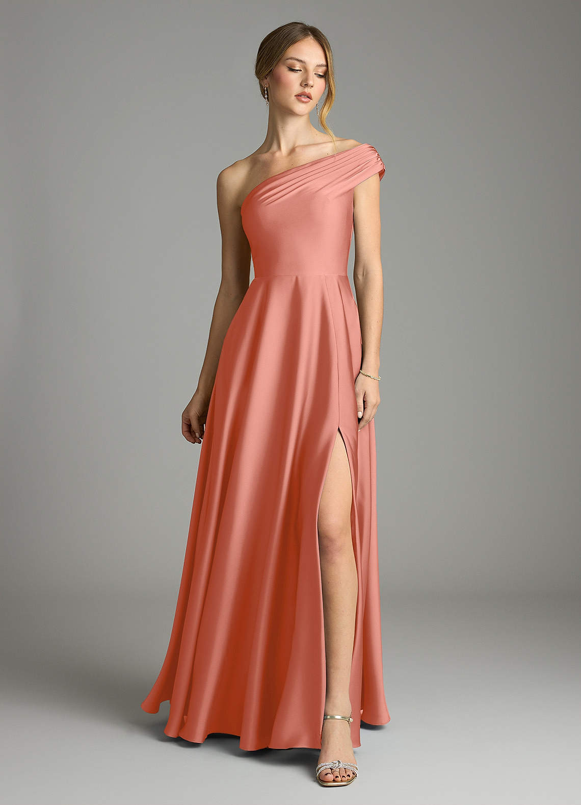 Melanie A-Line One-Shoulder Stretch Satin Bridesmaid Dress in Salmon Pink