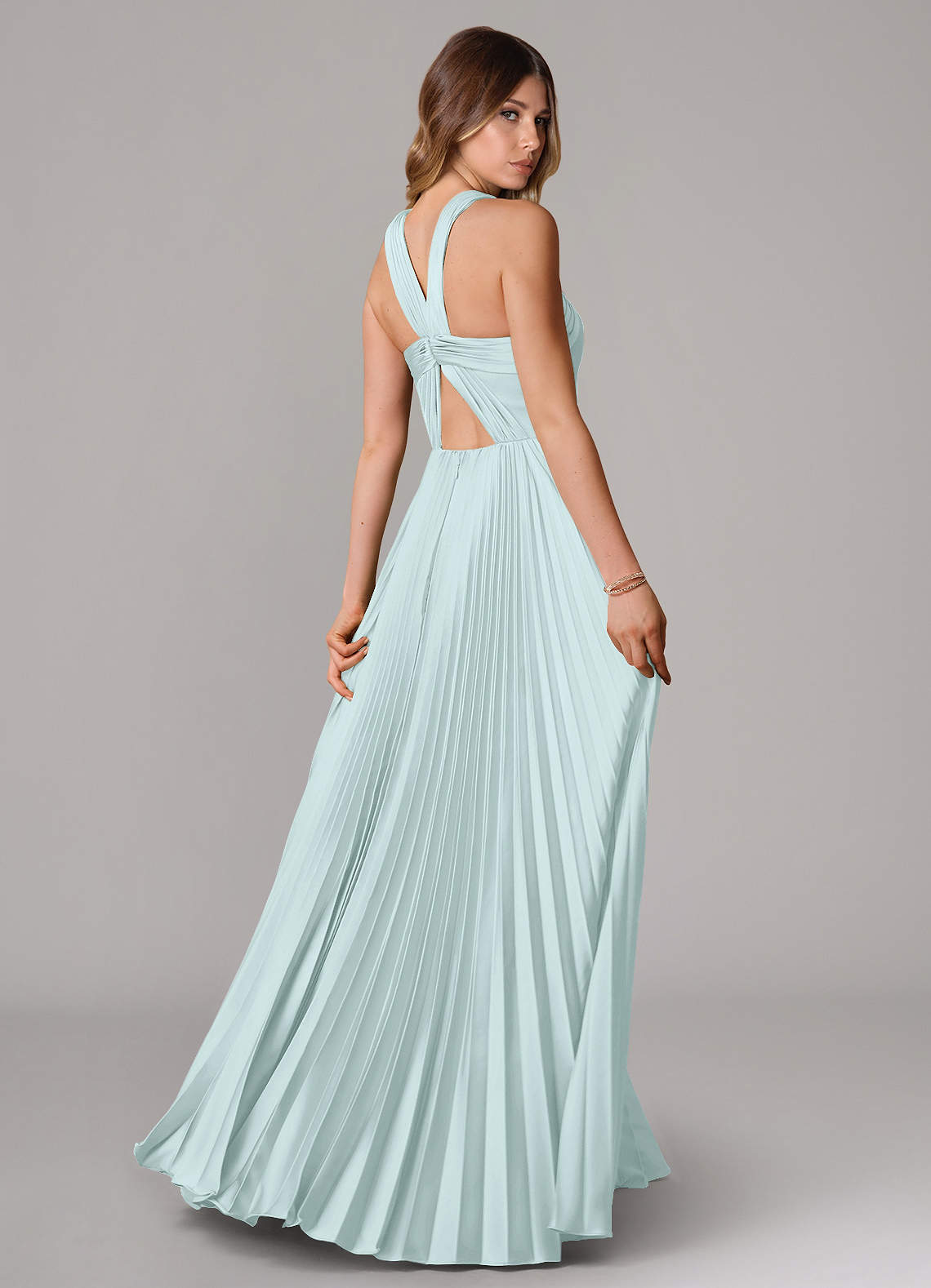 Afra A-Line Halter-Neck Stretch Satin Bridesmaid Dress in Sea Glass