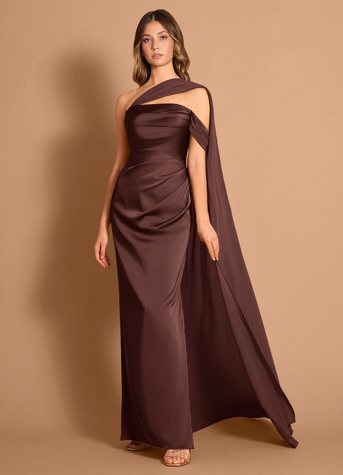 Meliora Asymmetric Strapless Chiffon-Drape Stretch Satin Evening Dress in Mocha Coco