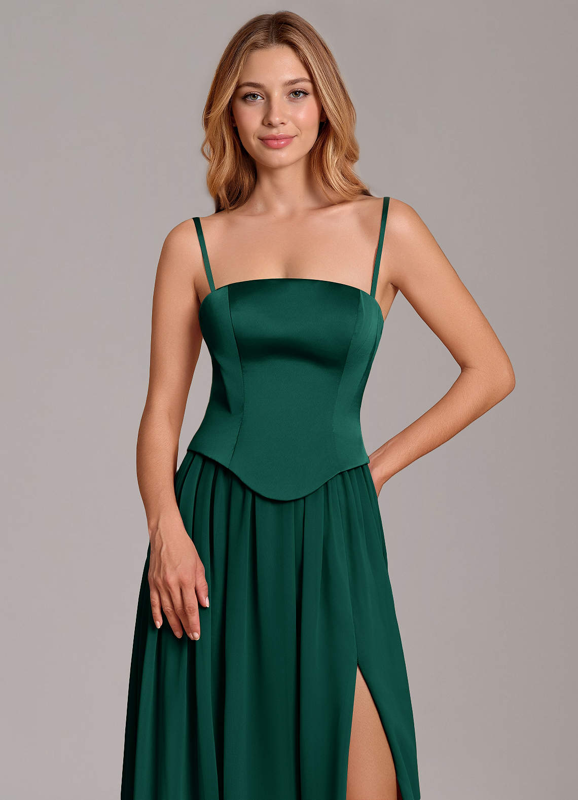 Cadence A-Line Strapless Chiffon and Stretch Satin Bridesmaid Dress in Emerald