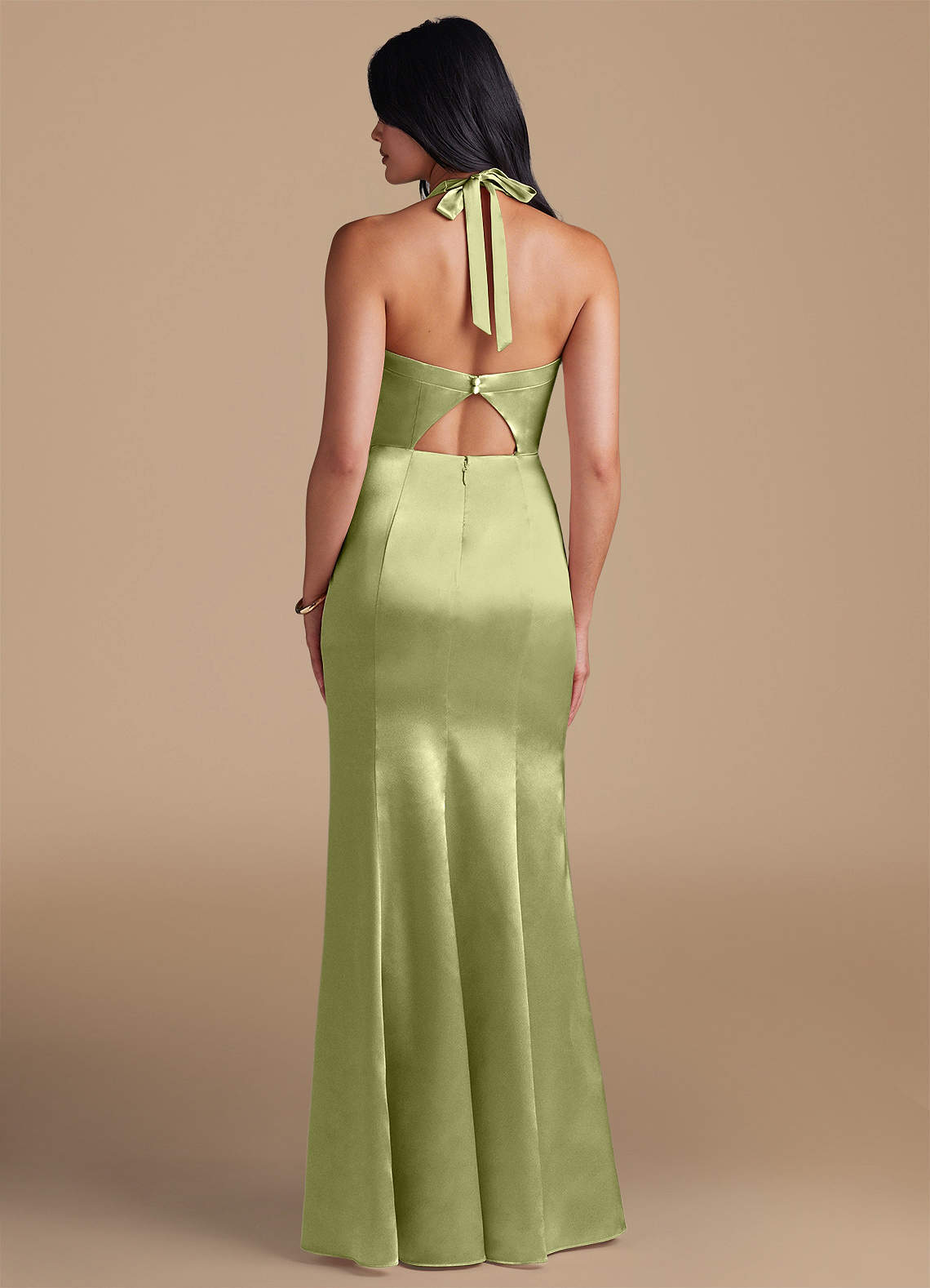 Emeria Sheath Halter Metallic Satin Bridesmaid Dress in Pistachio
