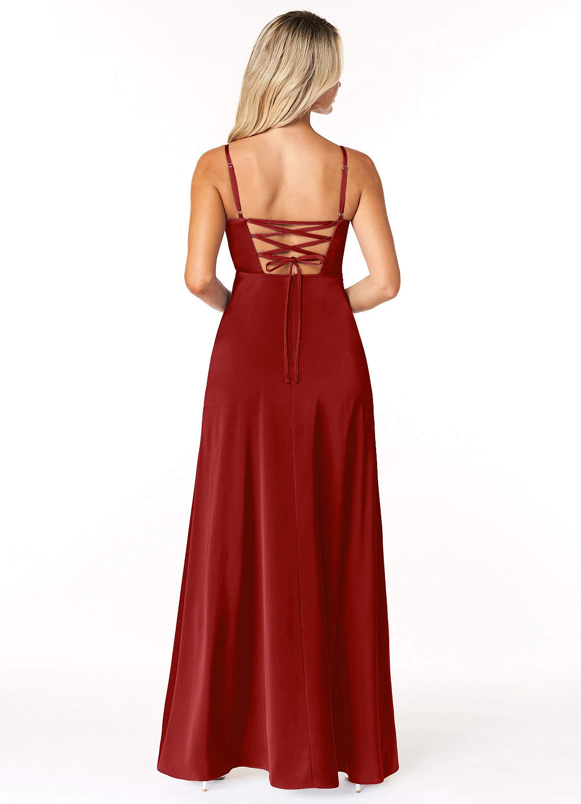 Marchella A-Line V-Neck Stretch Satin Bridesmaid Dress in Pomegranate