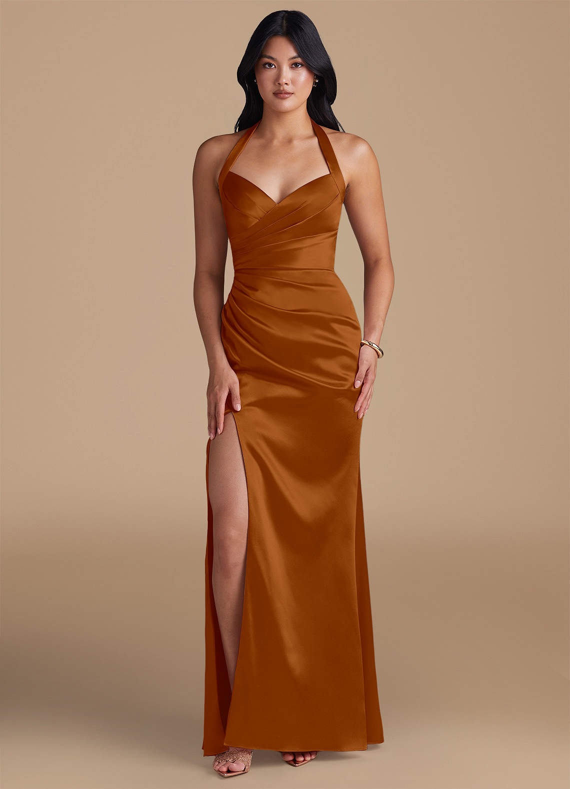 Emeria Sheath Halter Metallic Satin Bridesmaid Dress in Copper