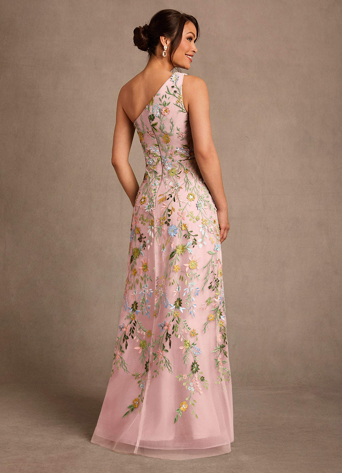 Bertie A-Line One-Shoulder Lace Mother of the Bride Dress in Powder Pink