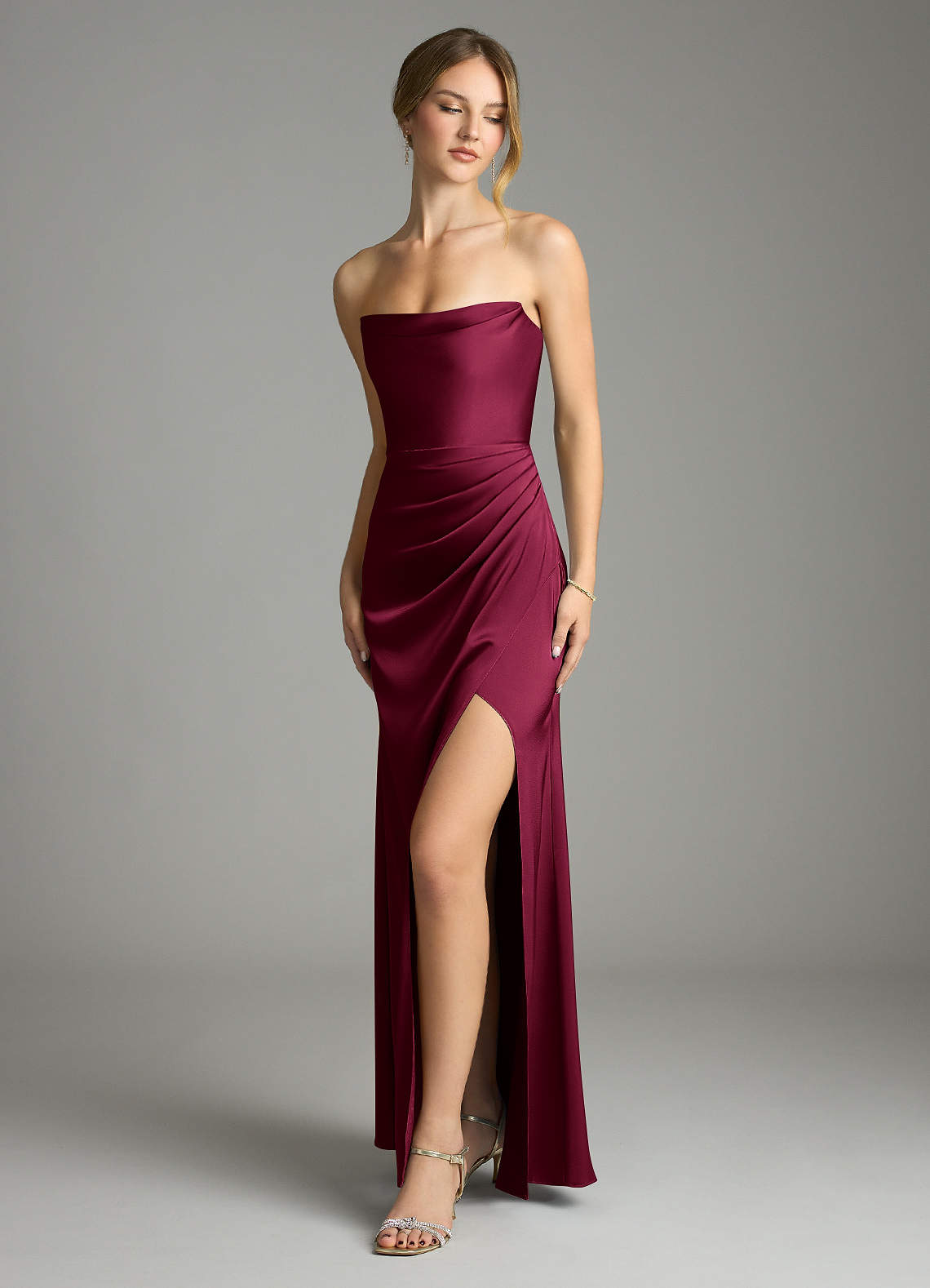 Leonis Mermaid Cowl-Neck Stretch Satin Bridesmaid Dress in Burgundy