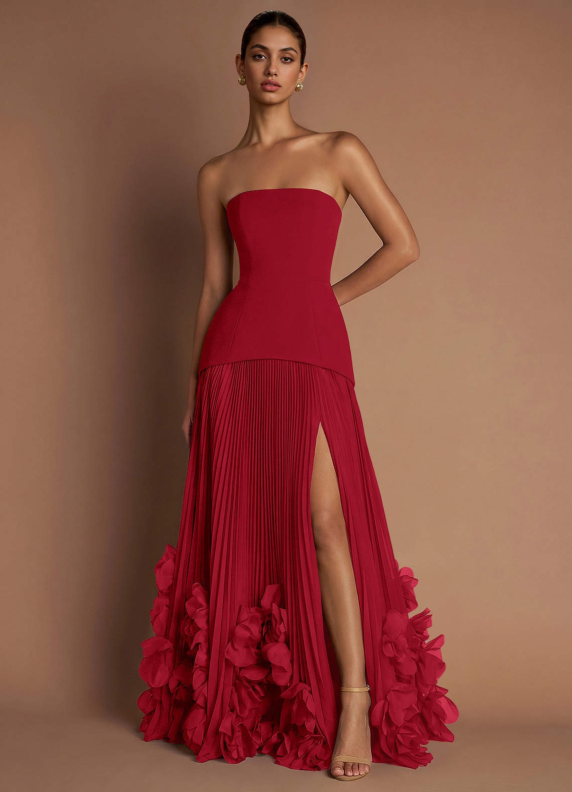 Marnie A-Line Corset Crepe Chiffon Evening Dress in Cherry Red