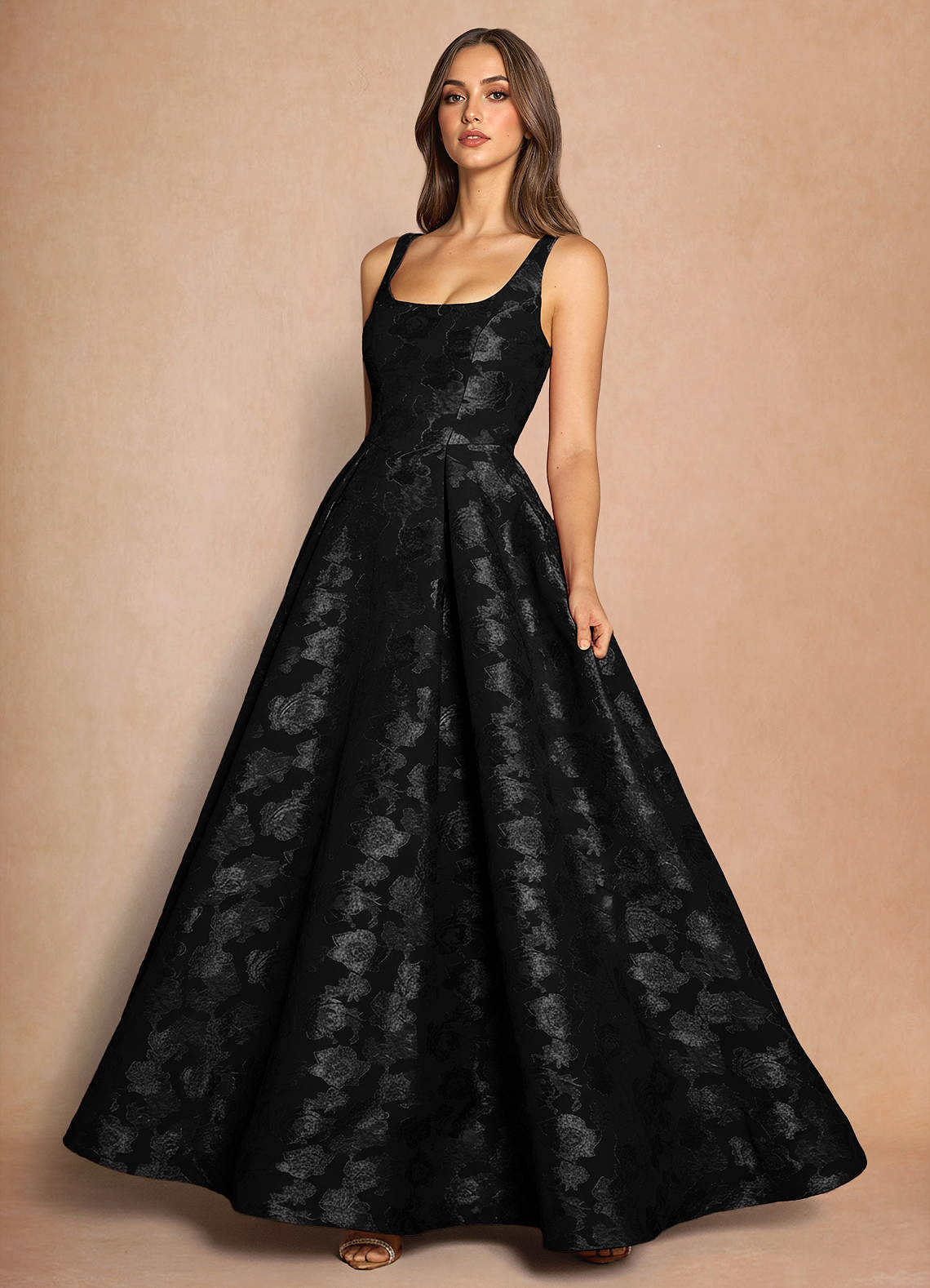 Briac A-Line Scoop-Neck Fil Coupé Evening Dress in Black