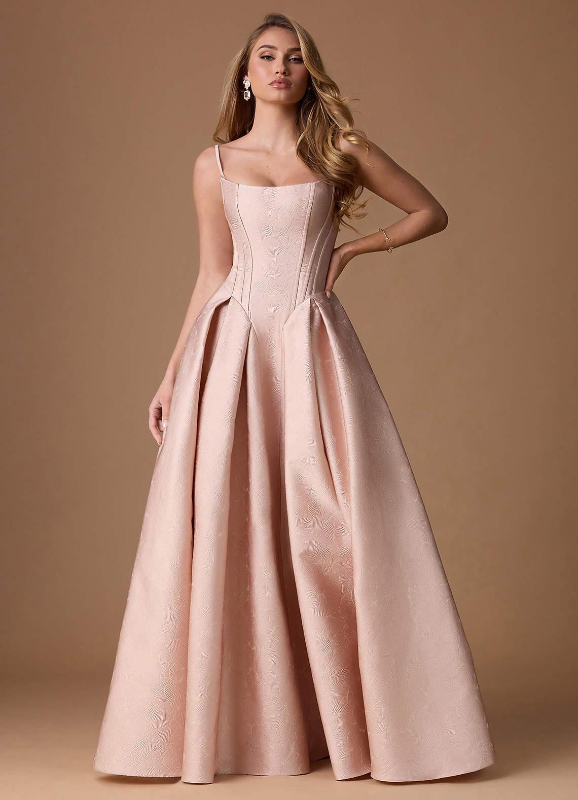 Symone Ball Gown Strapless Jacquard Evening Dress in Oyster Pink
