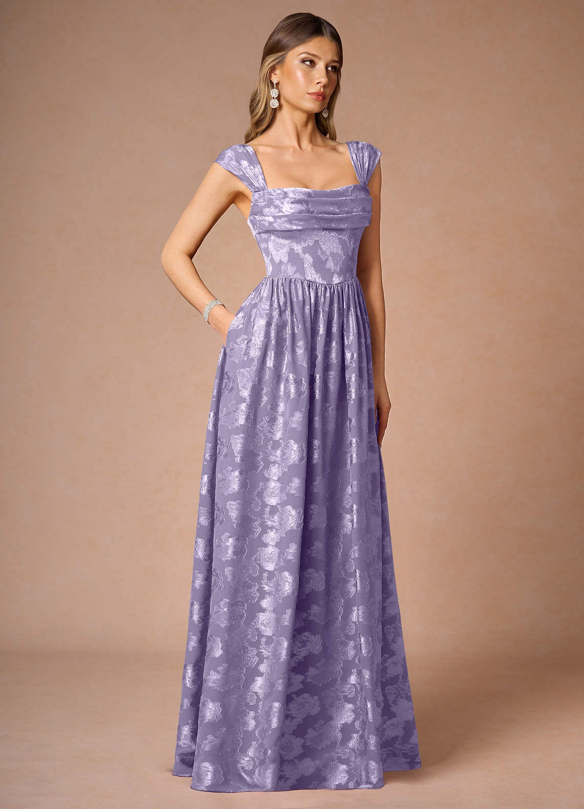 Hazel A-Line Cowl-Neck Fil Coupé Wedding Guest Dress in Lilac