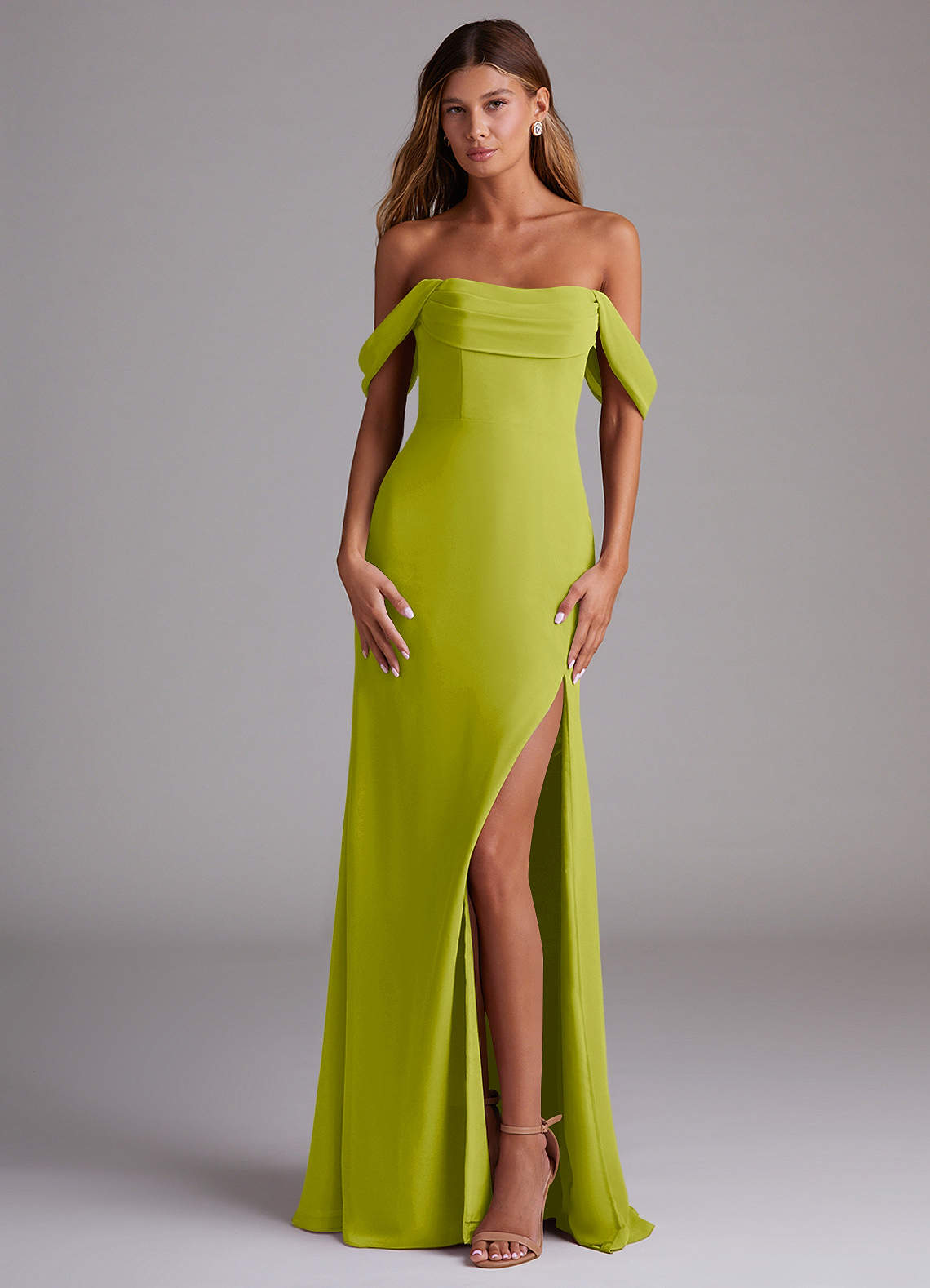 Saige A-Line Off-the-Shoulder Chiffon Bridesmaid Dress in Lemongrass