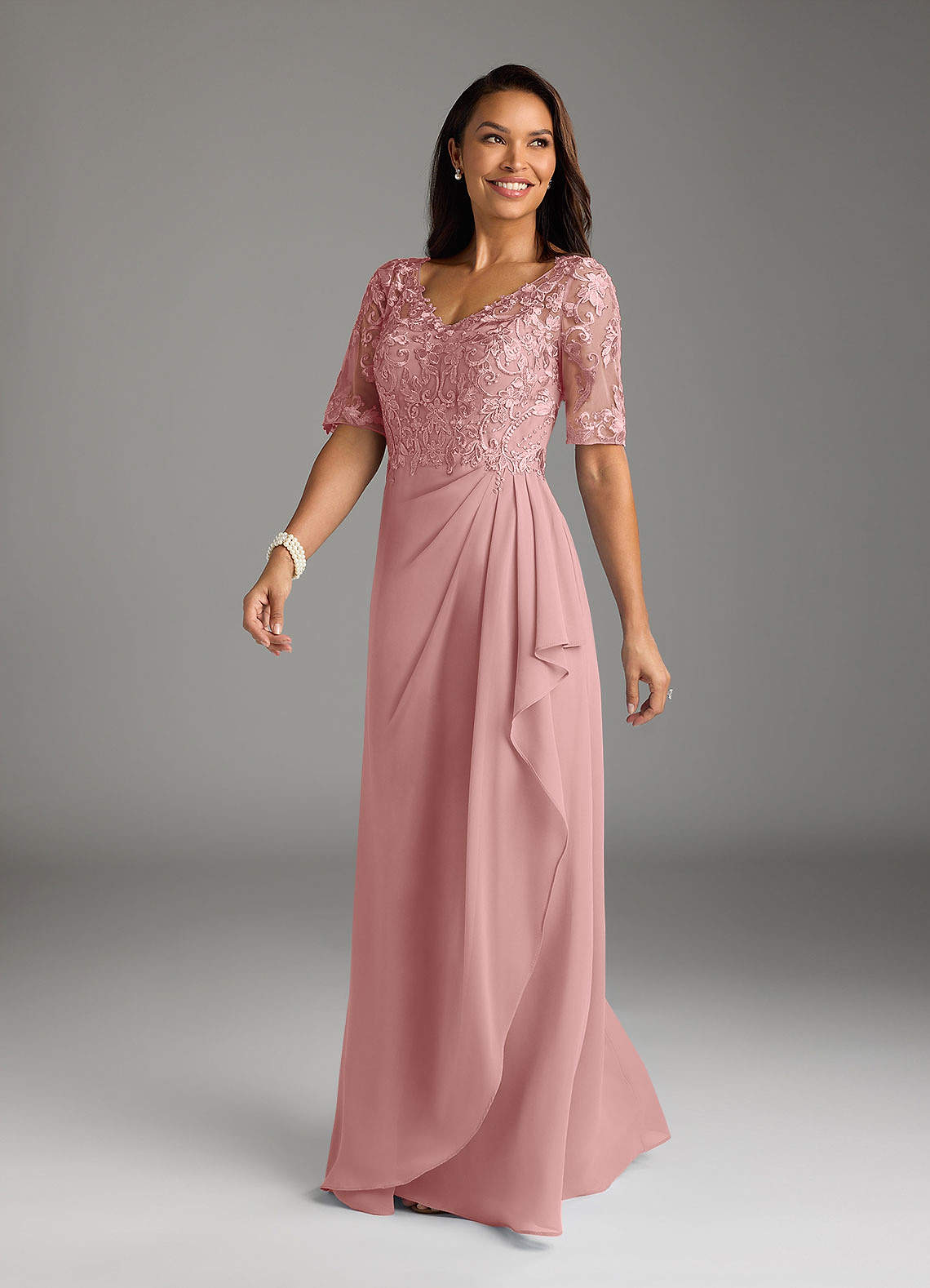 Amedeus A-Line V-Neck Chiffon and Lace Mother of the Bride Dress in Dusty Rose