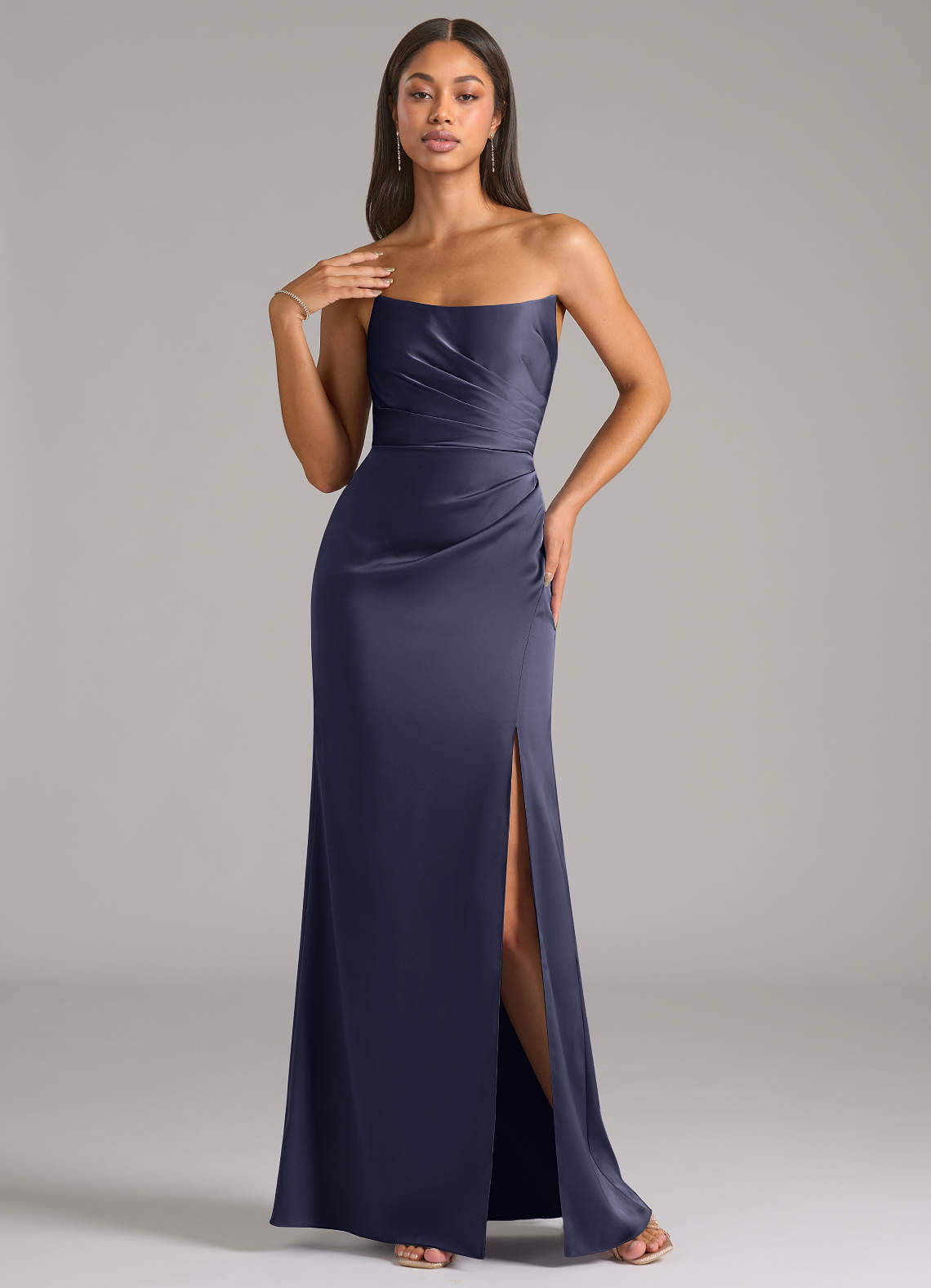 Marla Sheath Strapless Stretch Satin Bridesmaid Dress in Stormy