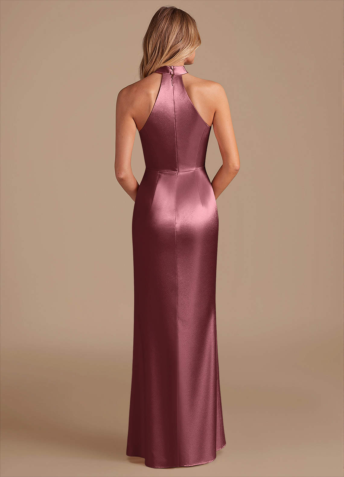 Karlotta Sheath Halter-Neck Metallic Satin Bridesmaid Dress in Desert Rose