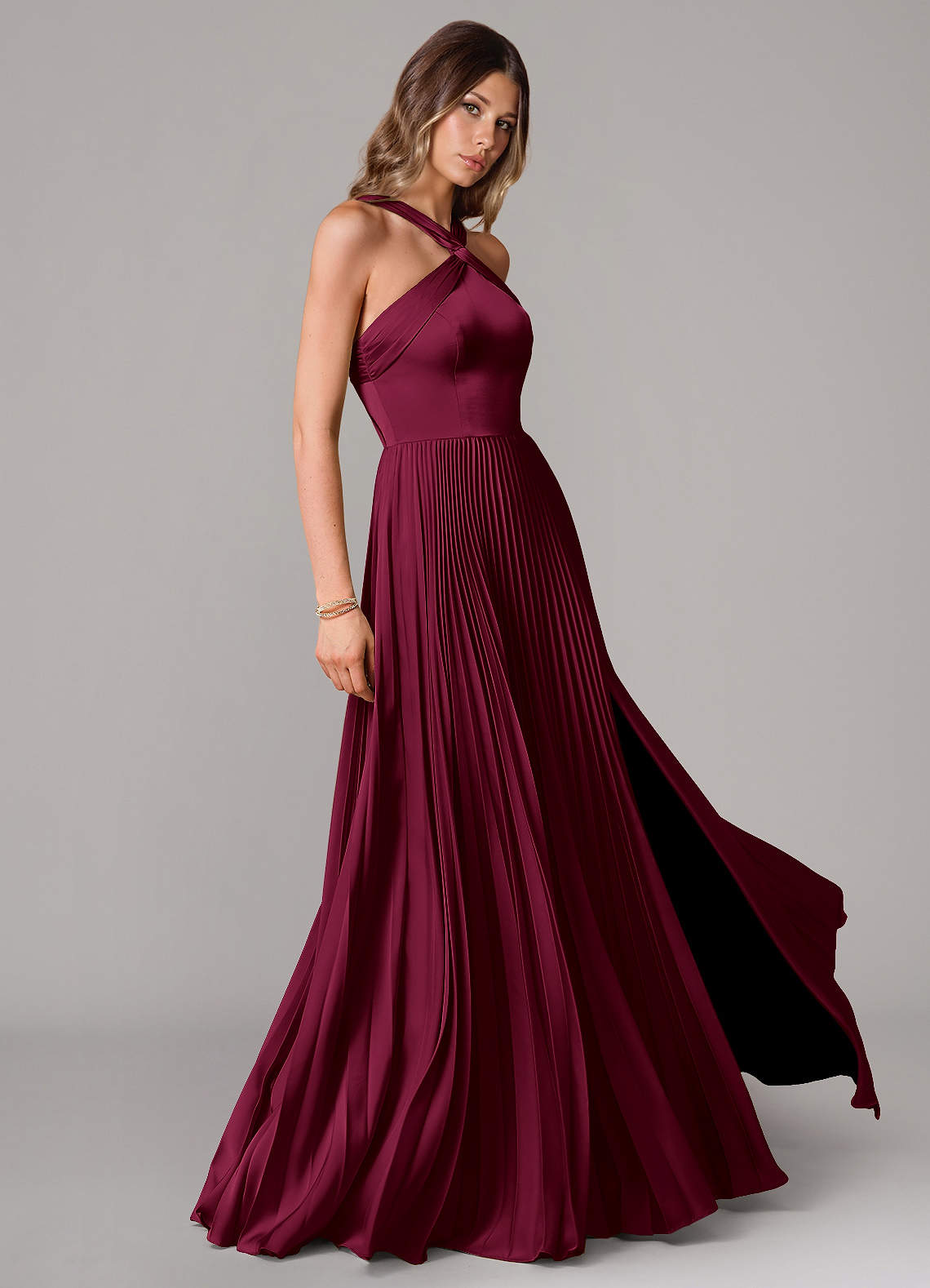 Afra A-Line Halter-Neck Stretch Satin Bridesmaid Dress in Burgundy