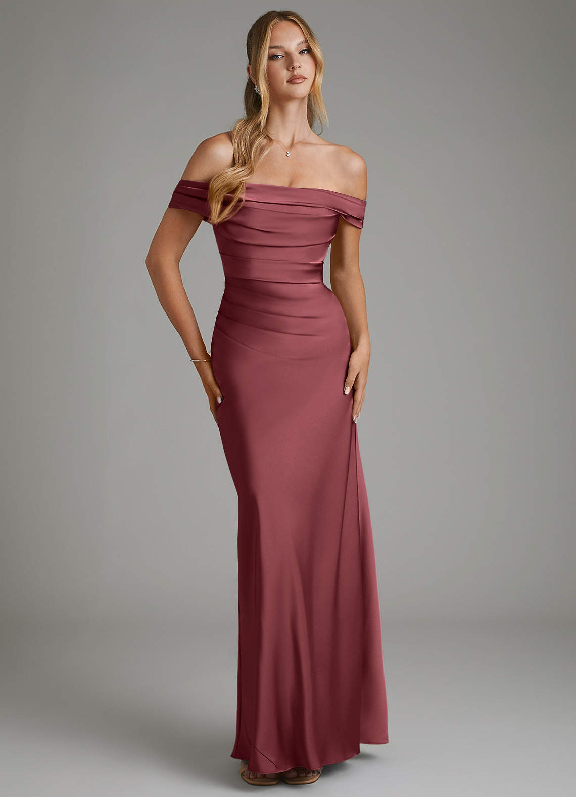 Hayden Mermaid Off-the-Shoulder Stretch Satin Bridesmaid Dress in Merlot
