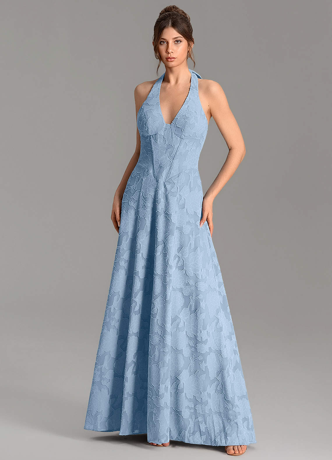 Nia A-Line V-Neck Floral Burnout Bridesmaid Dress in Powder Blue