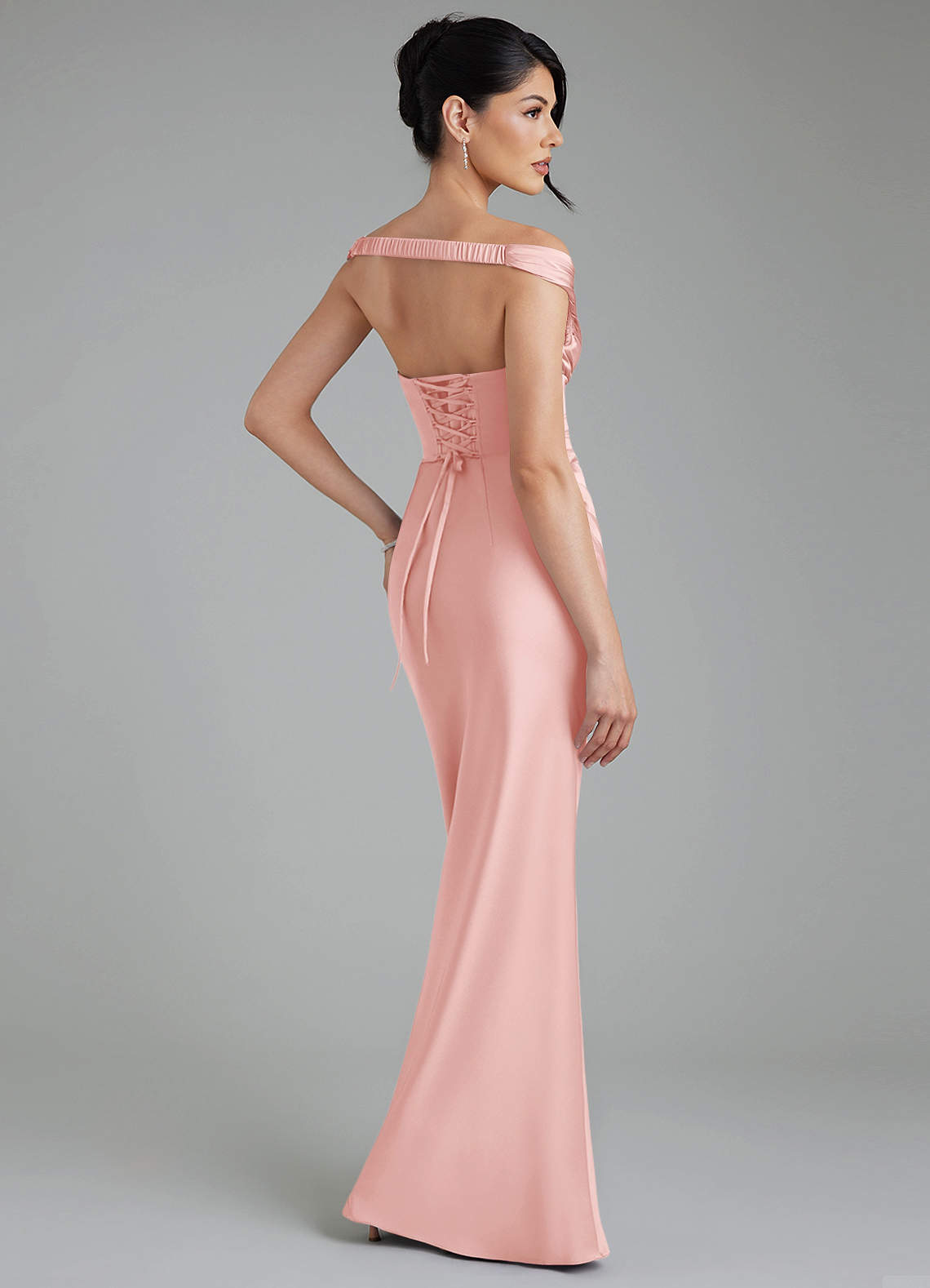 Stella Sheath V-Neck Stretch Satin Bridesmaid Dress in Powder Pink