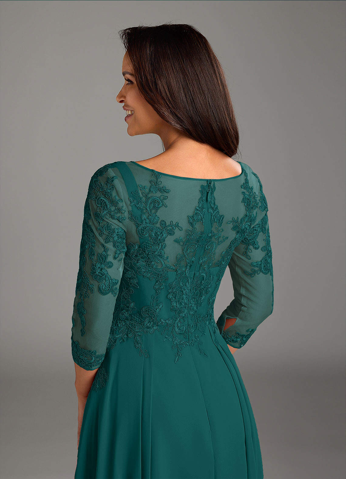 Marge A-Line Scoop-Neck Chiffon and Lace Mother of the Bride Dress in Peacock
