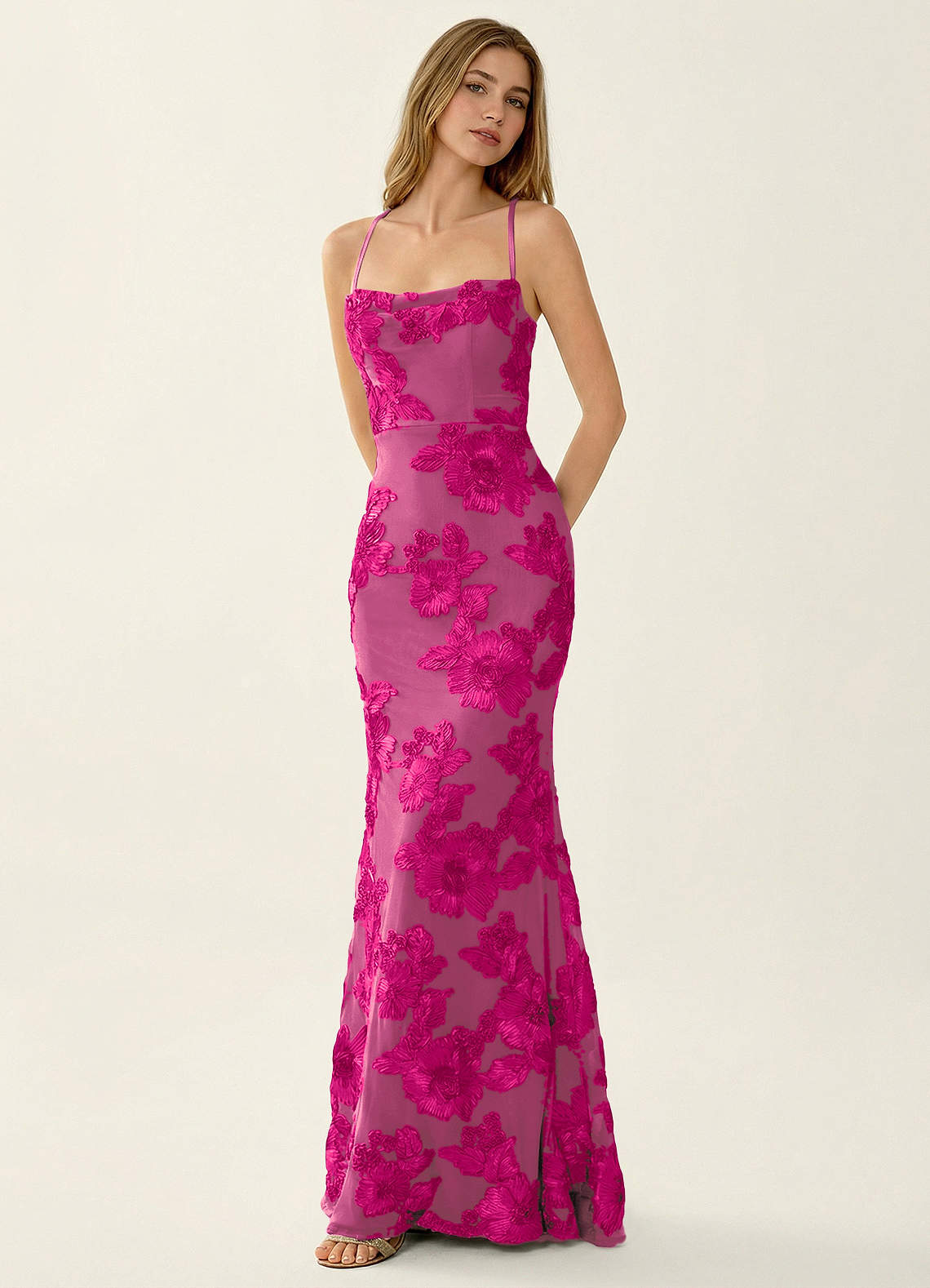 Kailani Mermaid Spaghetti-Strap Lace Evening Dress in Fuchsia