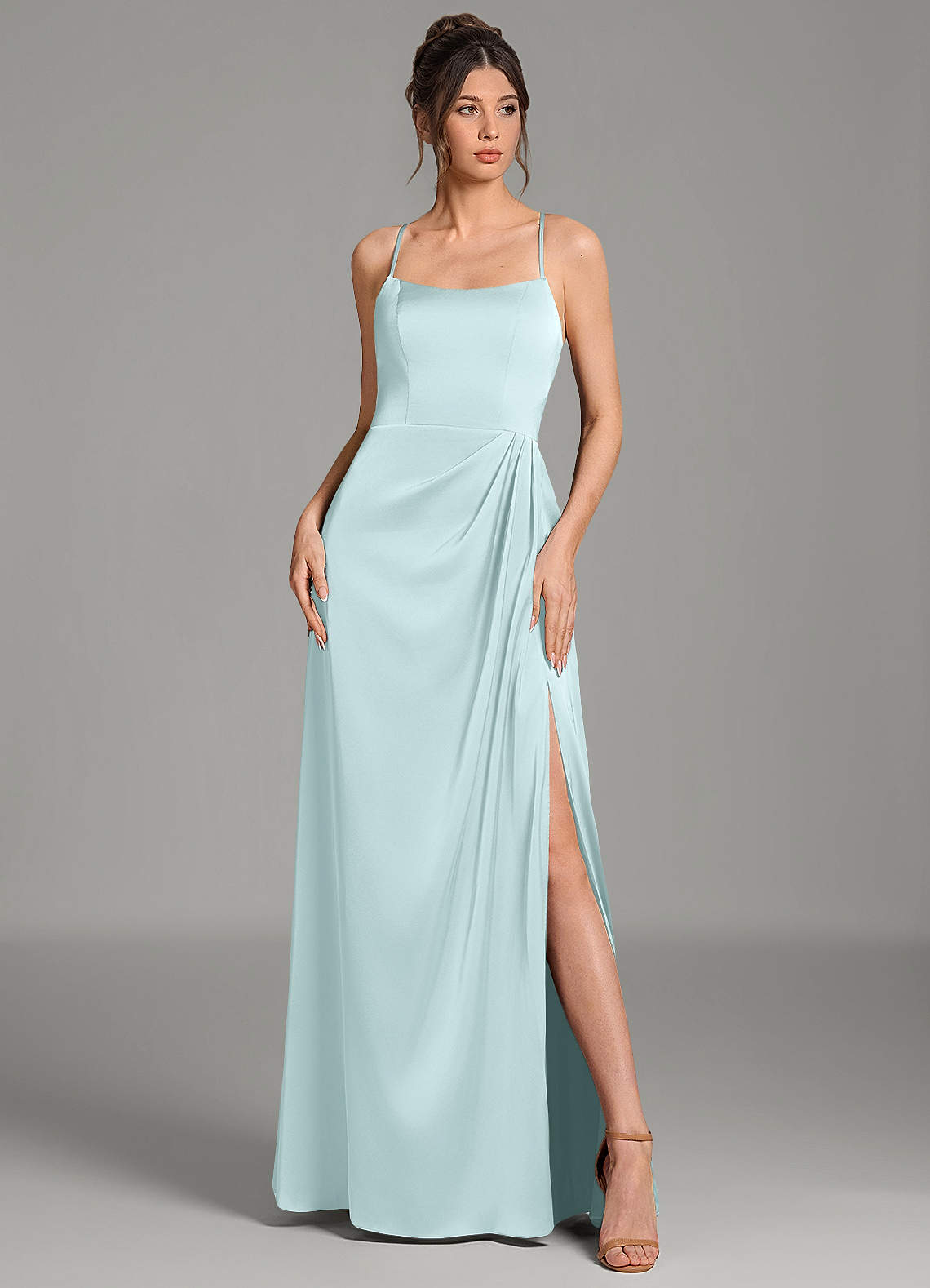 Frankie A-Line Scoop-Neck Stretch Satin Bridesmaid Dress in Sea Glass